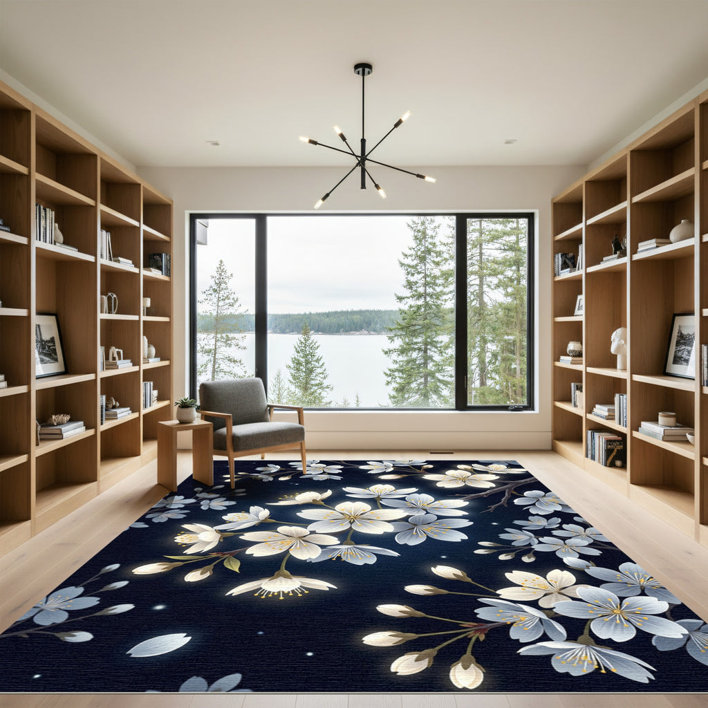 Luminous White Cherry Blossom Night Meadow Rug