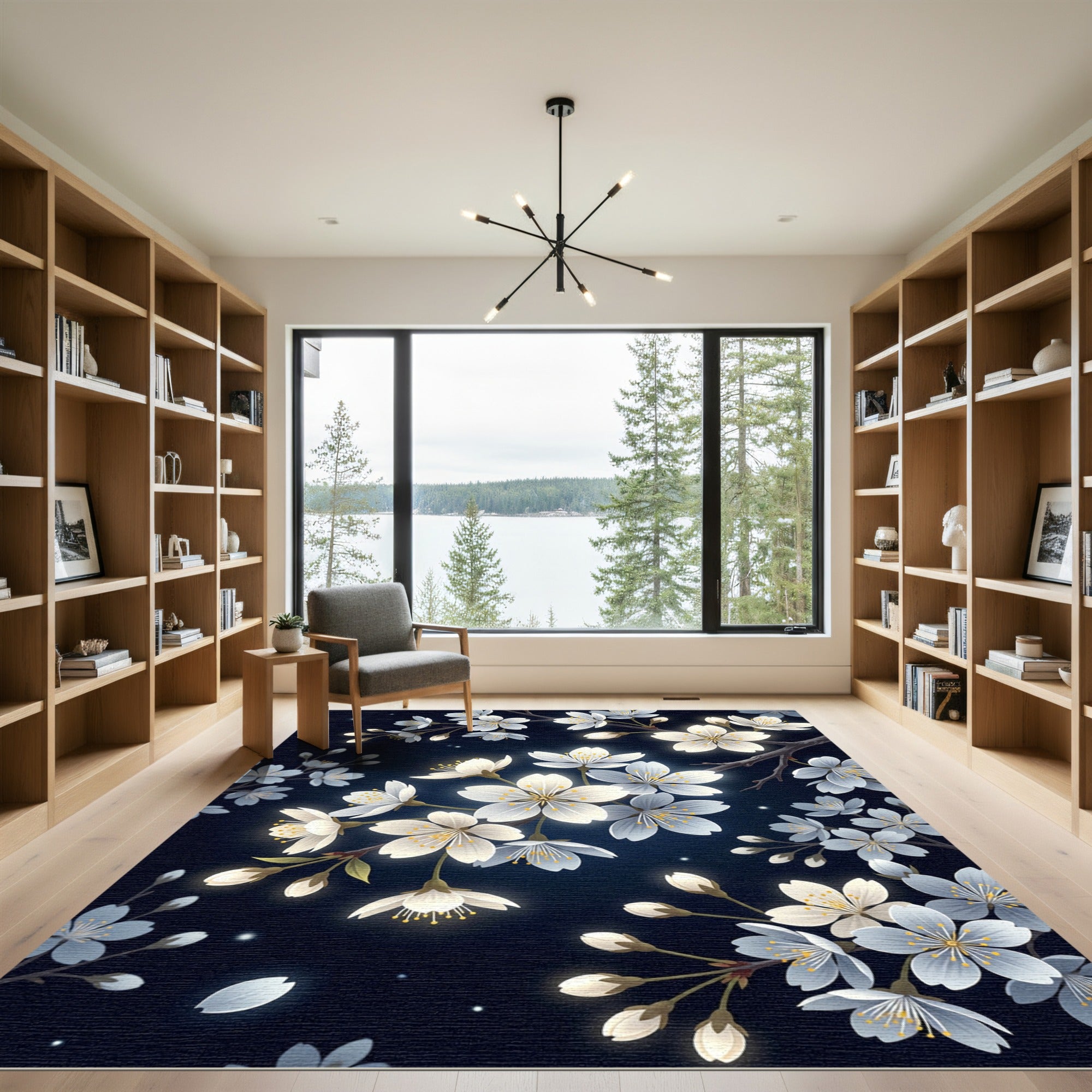 Luminous White Cherry Blossom Night Meadow Rug