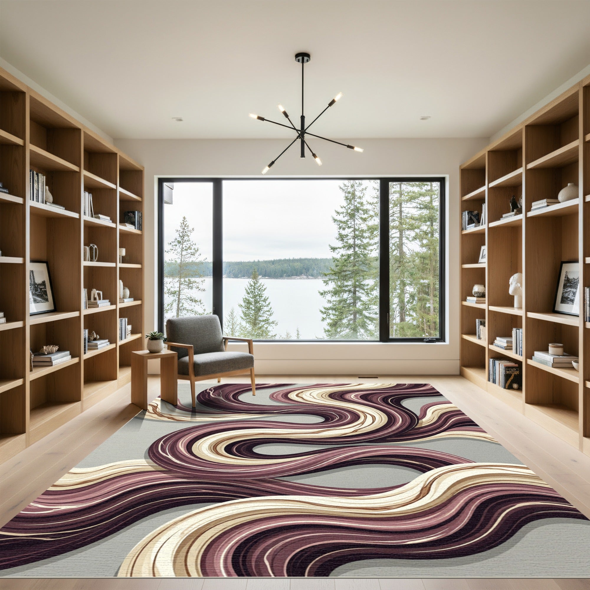 Abstract Wavy Plum and Cream Swirls Rug