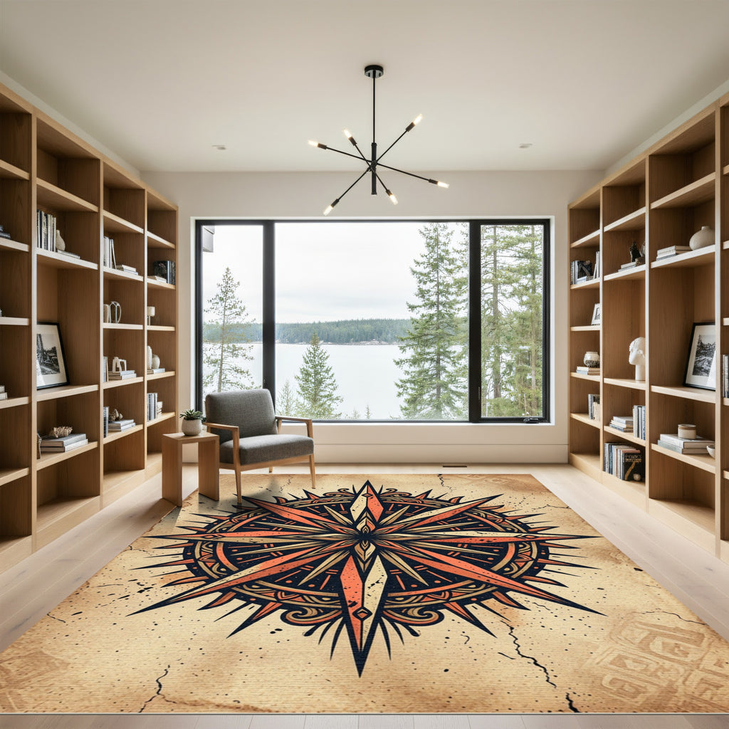 Vintage Compass Rose Copper Ochre Medallion Rug