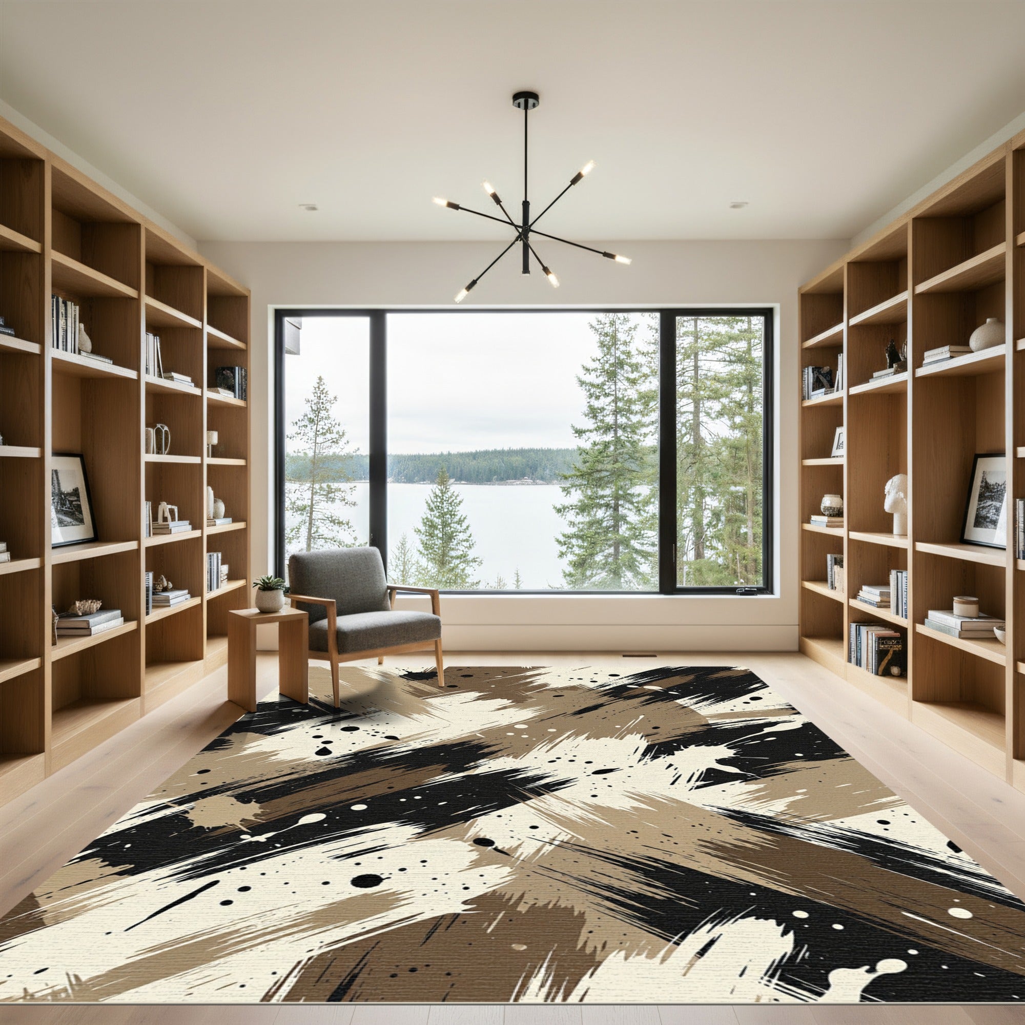 Abstract Brown Black Splatter Brush Strokes Rug