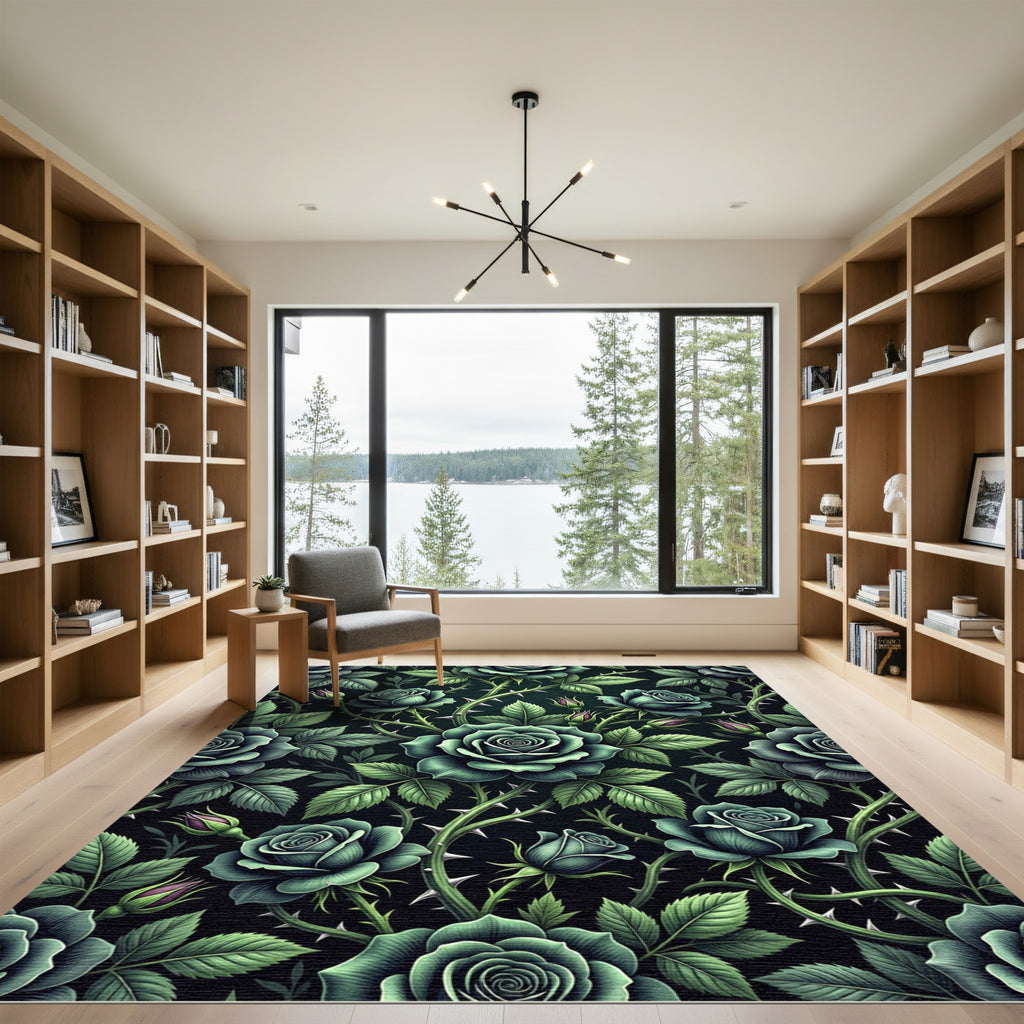 Dark Emerald Gothic Rose Thorn Trellis Rug