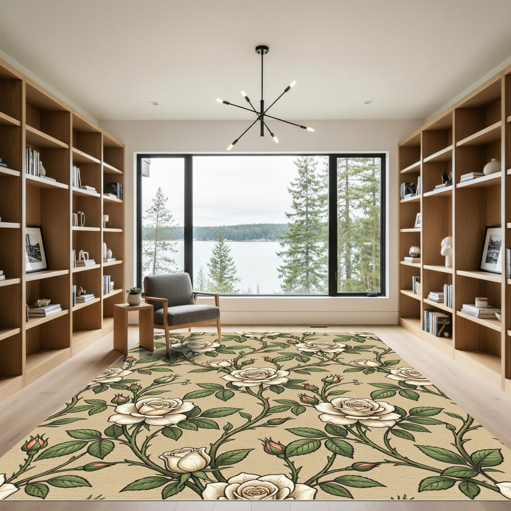 Cream Rose Vine Botanical Pattern Rug