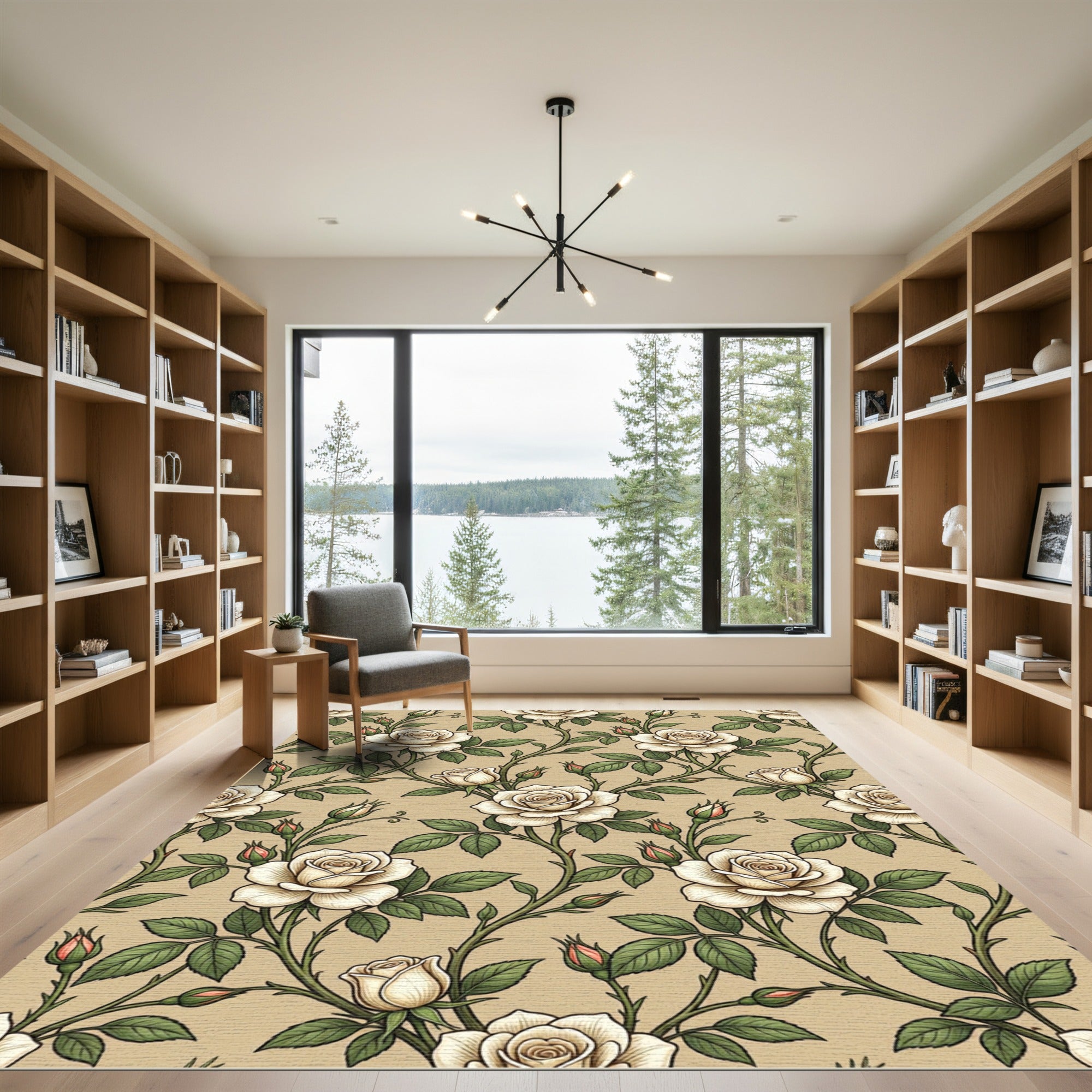 Cream Rose Vine Botanical Pattern Rug
