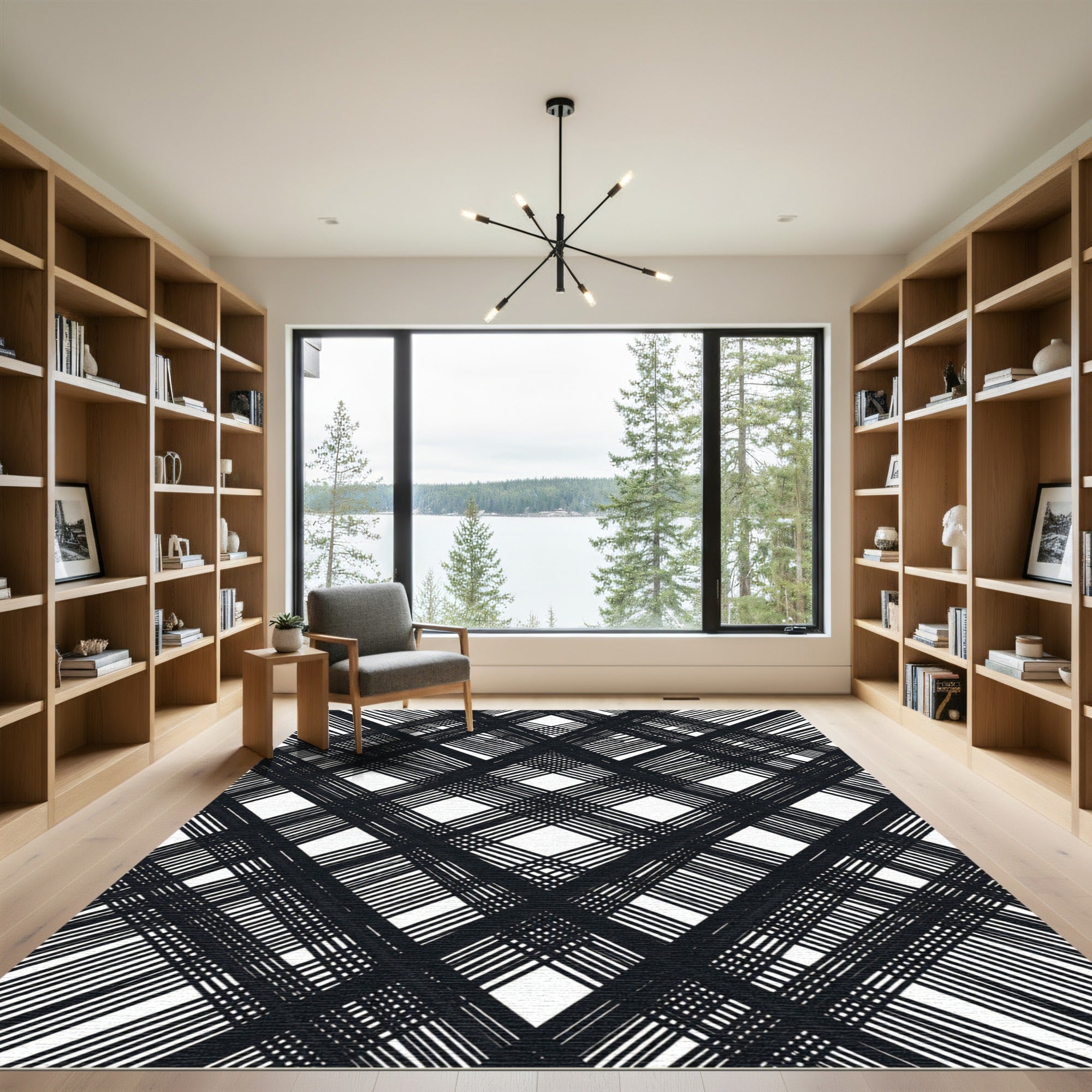 Black White Intersecting Lines Diamond Rug