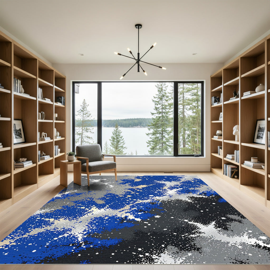 Celestial Blue and Silver Abstract Galaxy Rug
