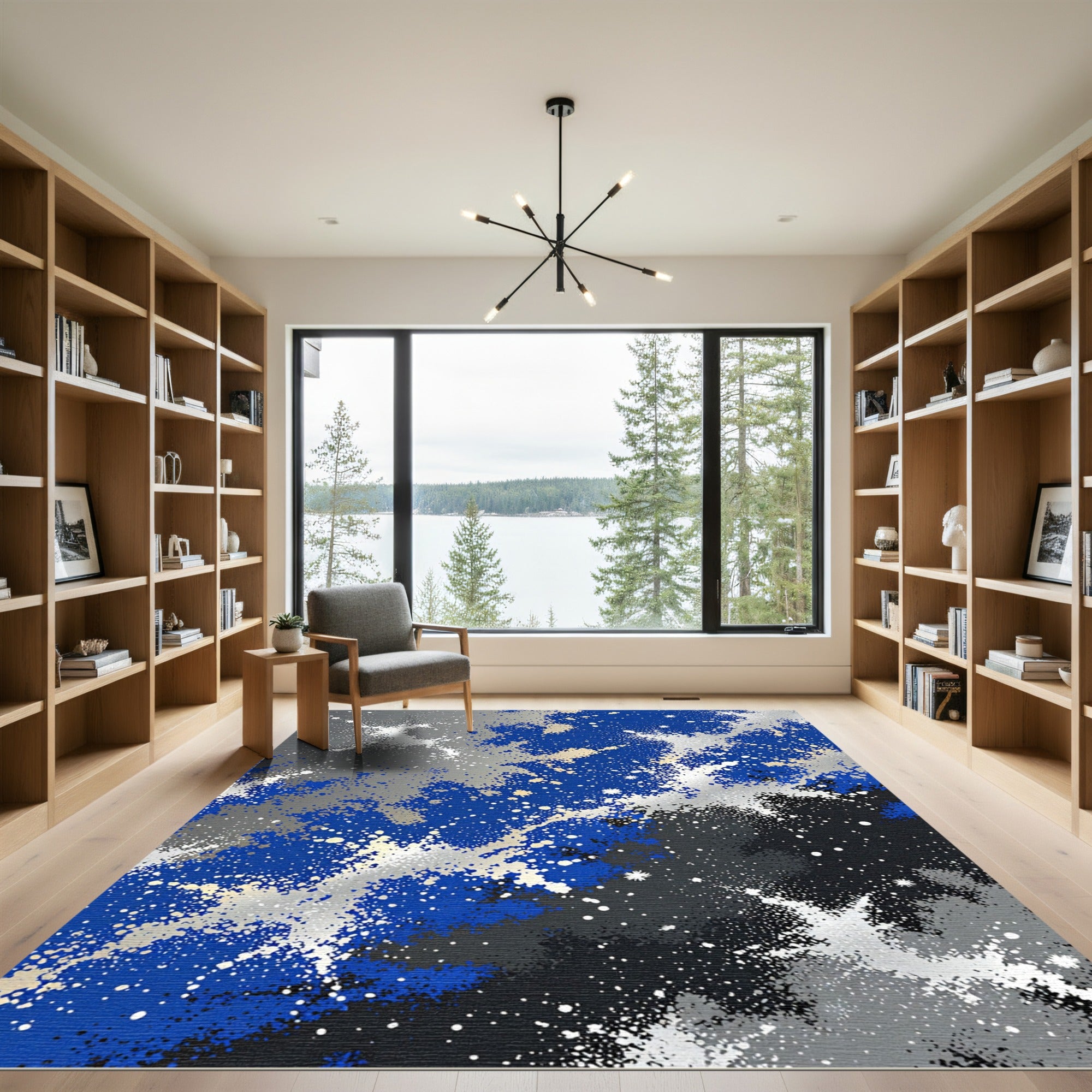 Celestial Blue and Silver Abstract Galaxy Rug