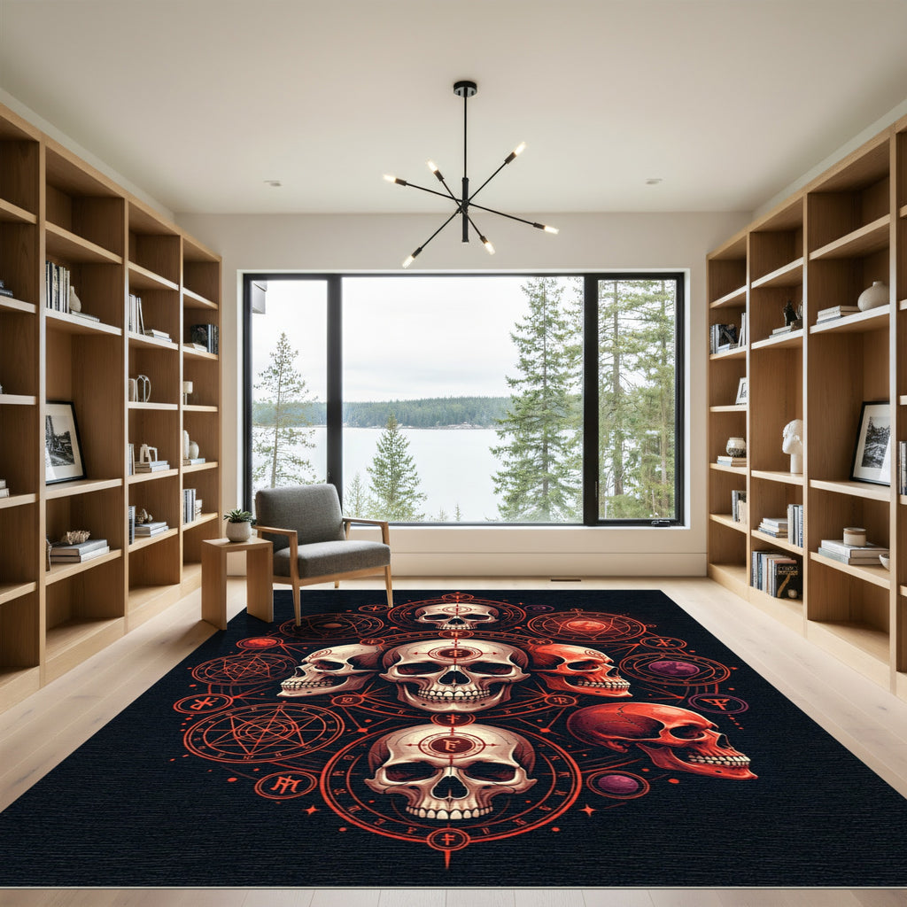 Gothic Crimson Occult Skulls Celestial Area Rug