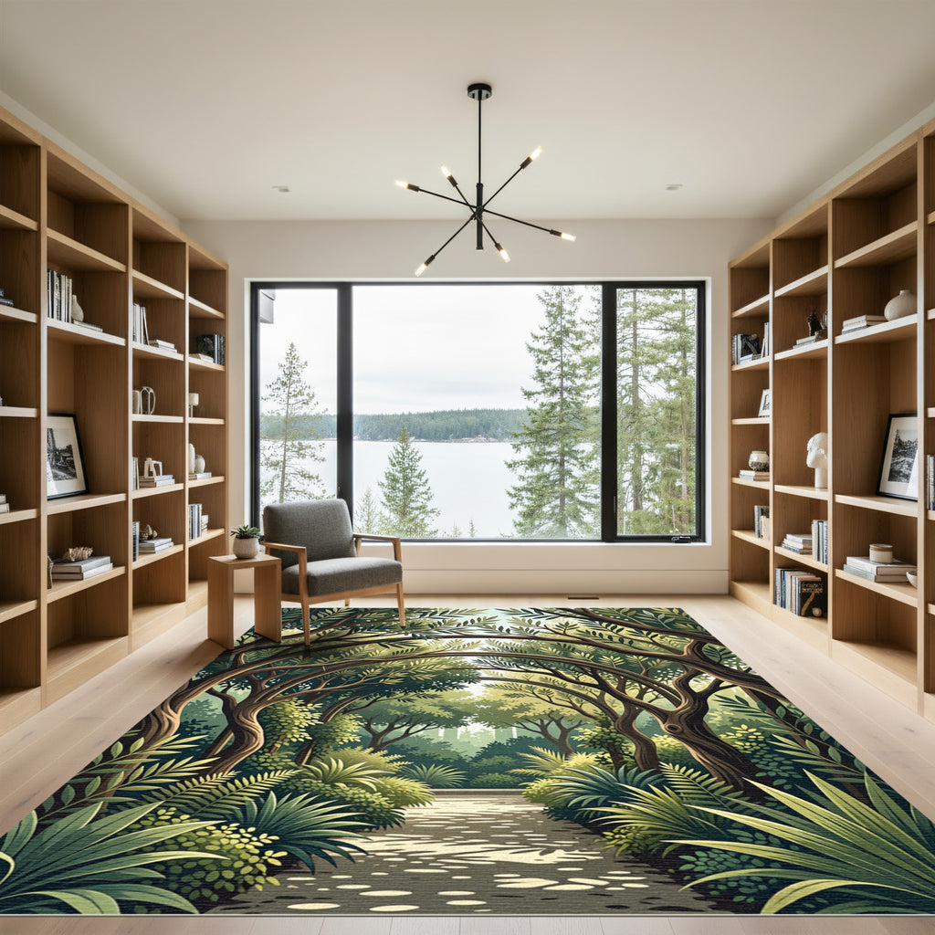 Lush Green Forest Canopy Path Rug