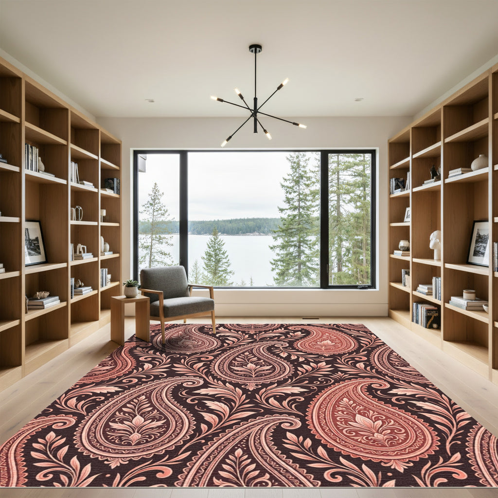 Coral Paisley Floral Scroll Tapestry Rug