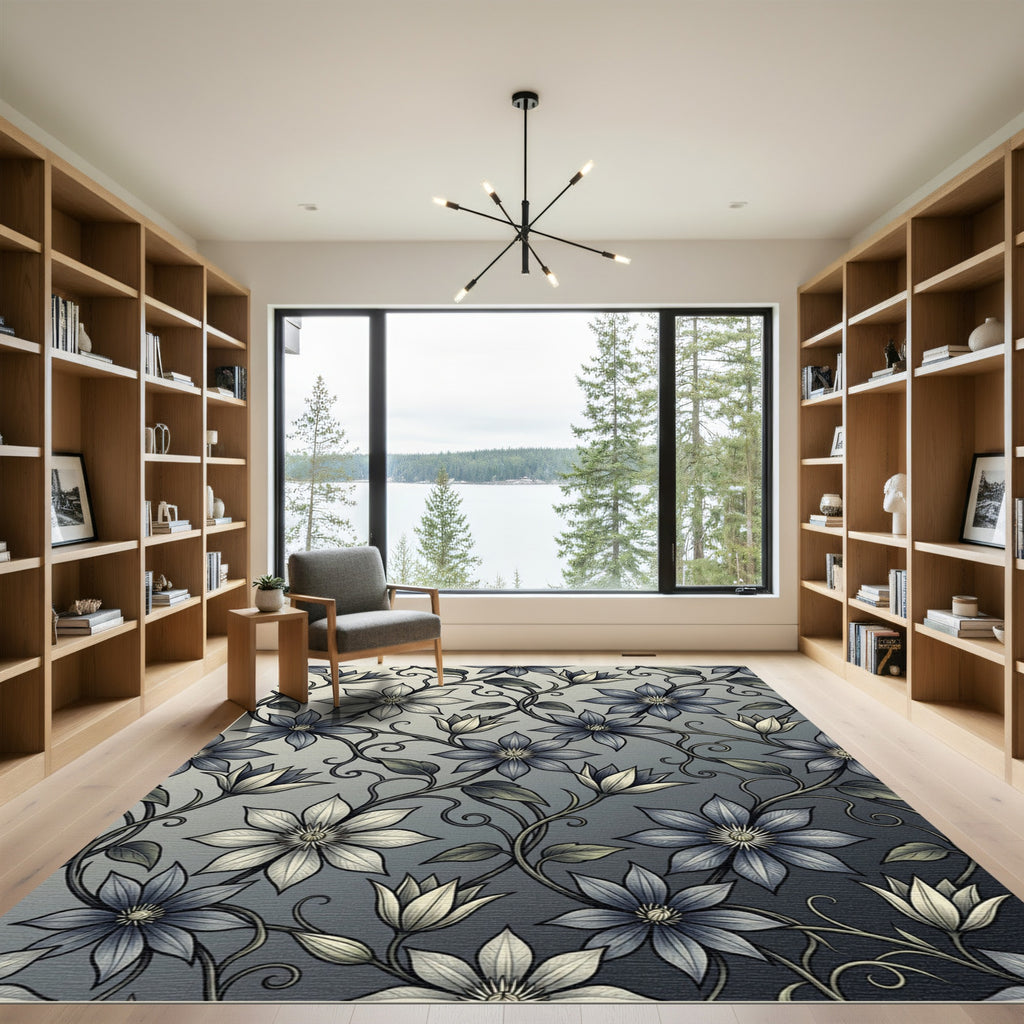 Blue Cream Floral Vines Rug