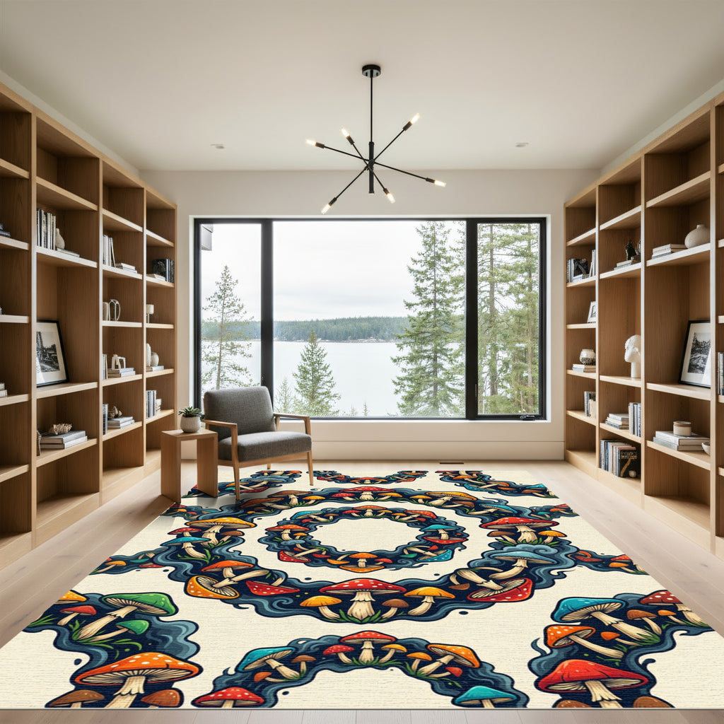 Whimsical Colorful Mushroom Forest Circular Arrangement Rug