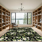 White Floral Vine Garden Black Rug