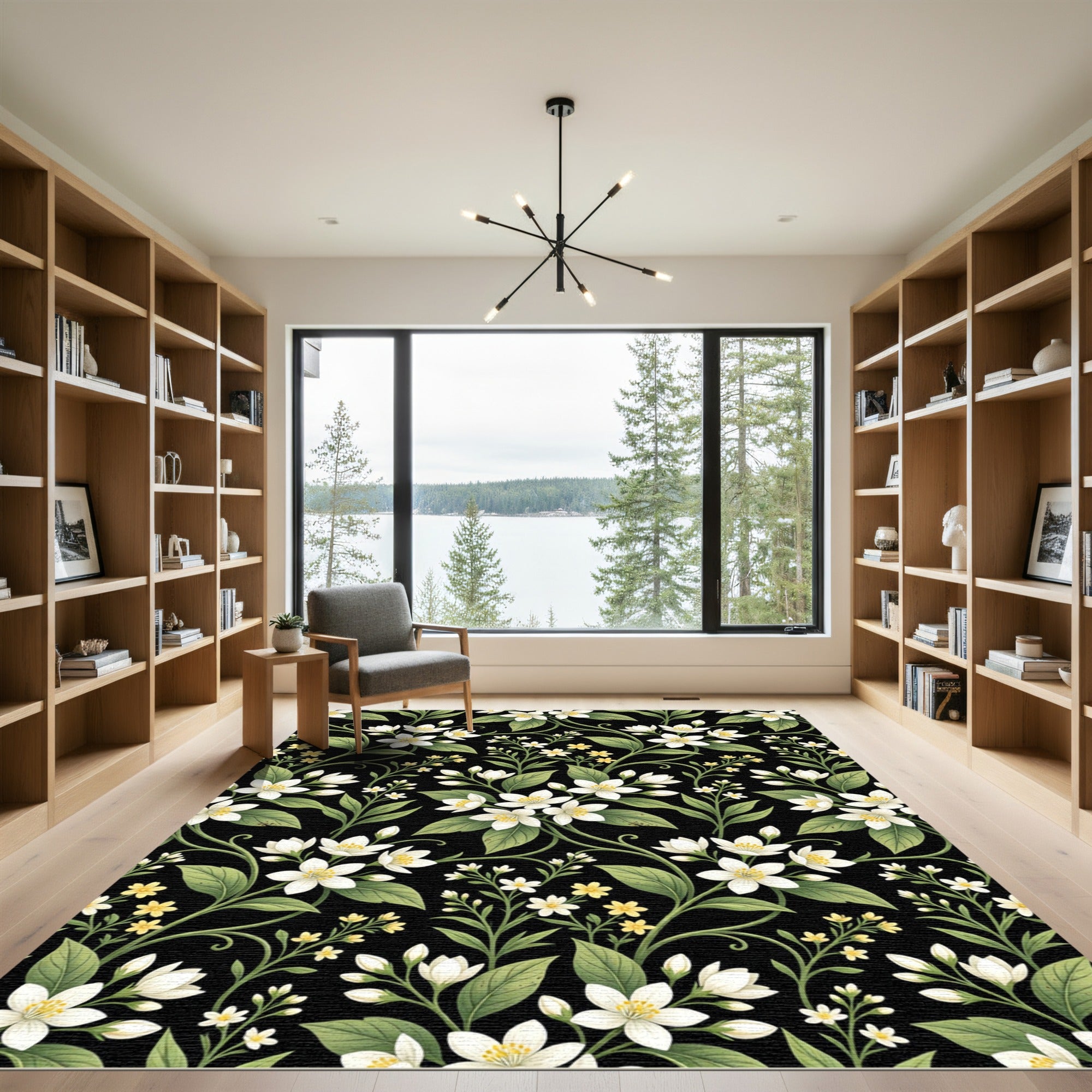 White Floral Vine Garden Black Rug