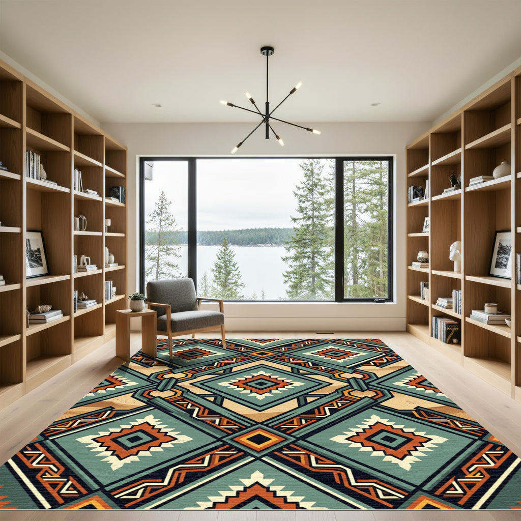 Sage and Terracotta Geometric Diamond Rug