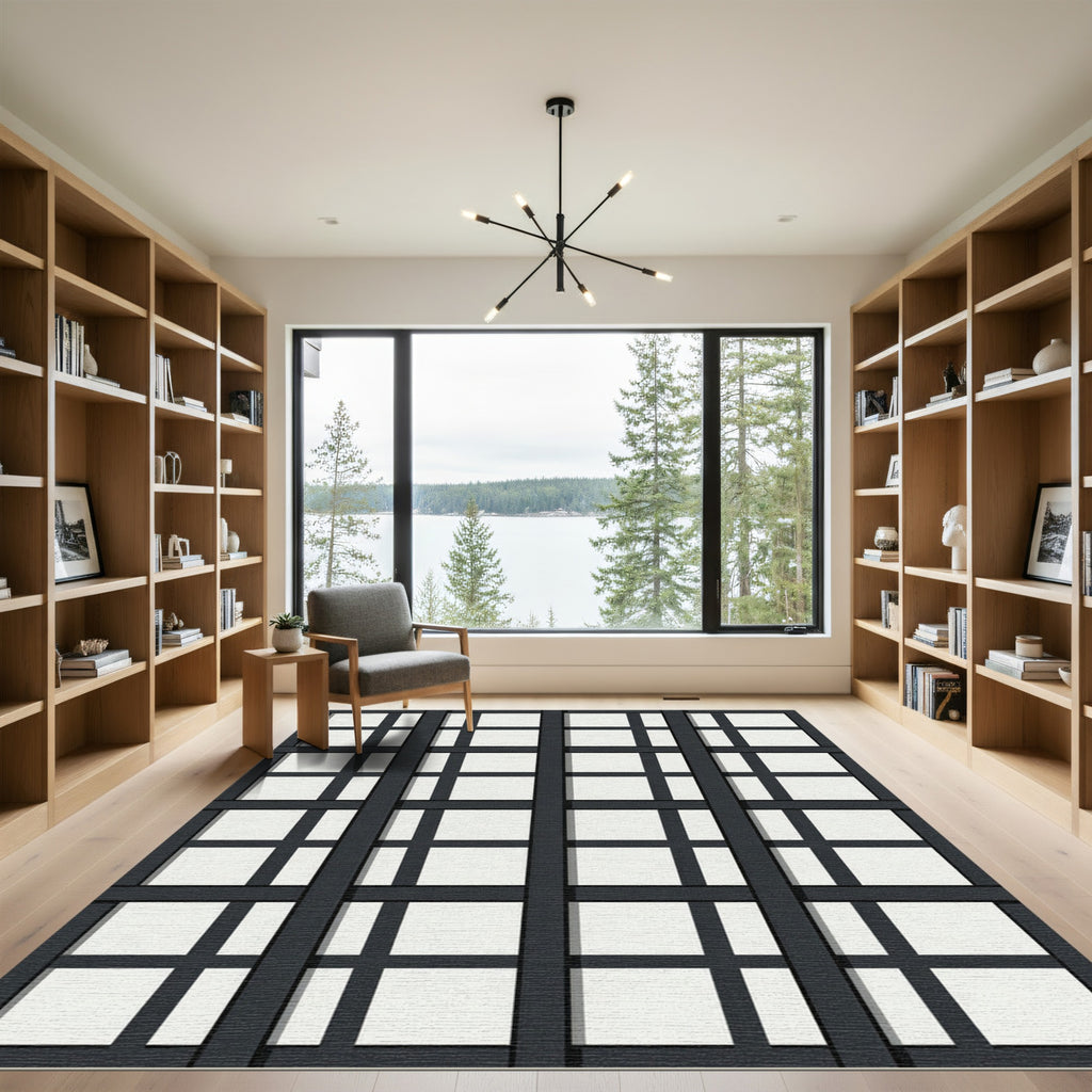 Charcoal Grid Panel Contemporary Rug