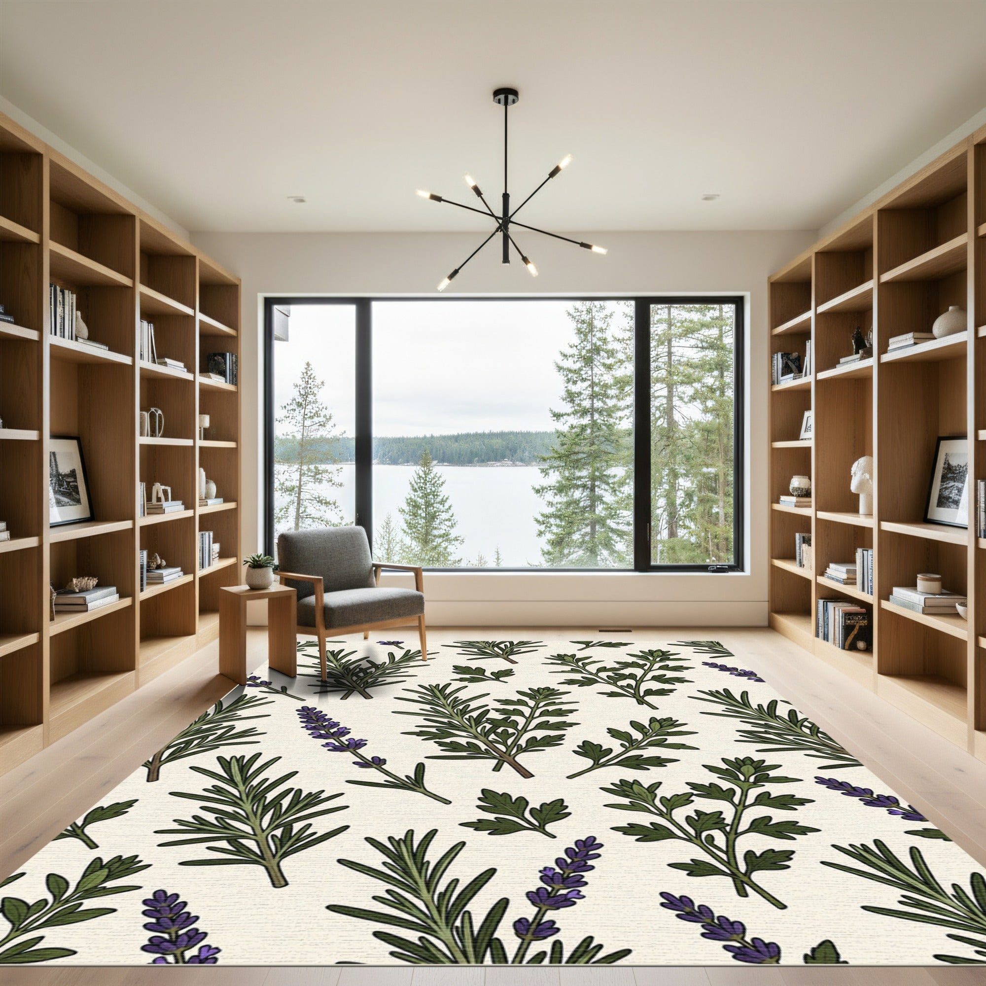Green Herb Sprigs Lavender Botanical Rug