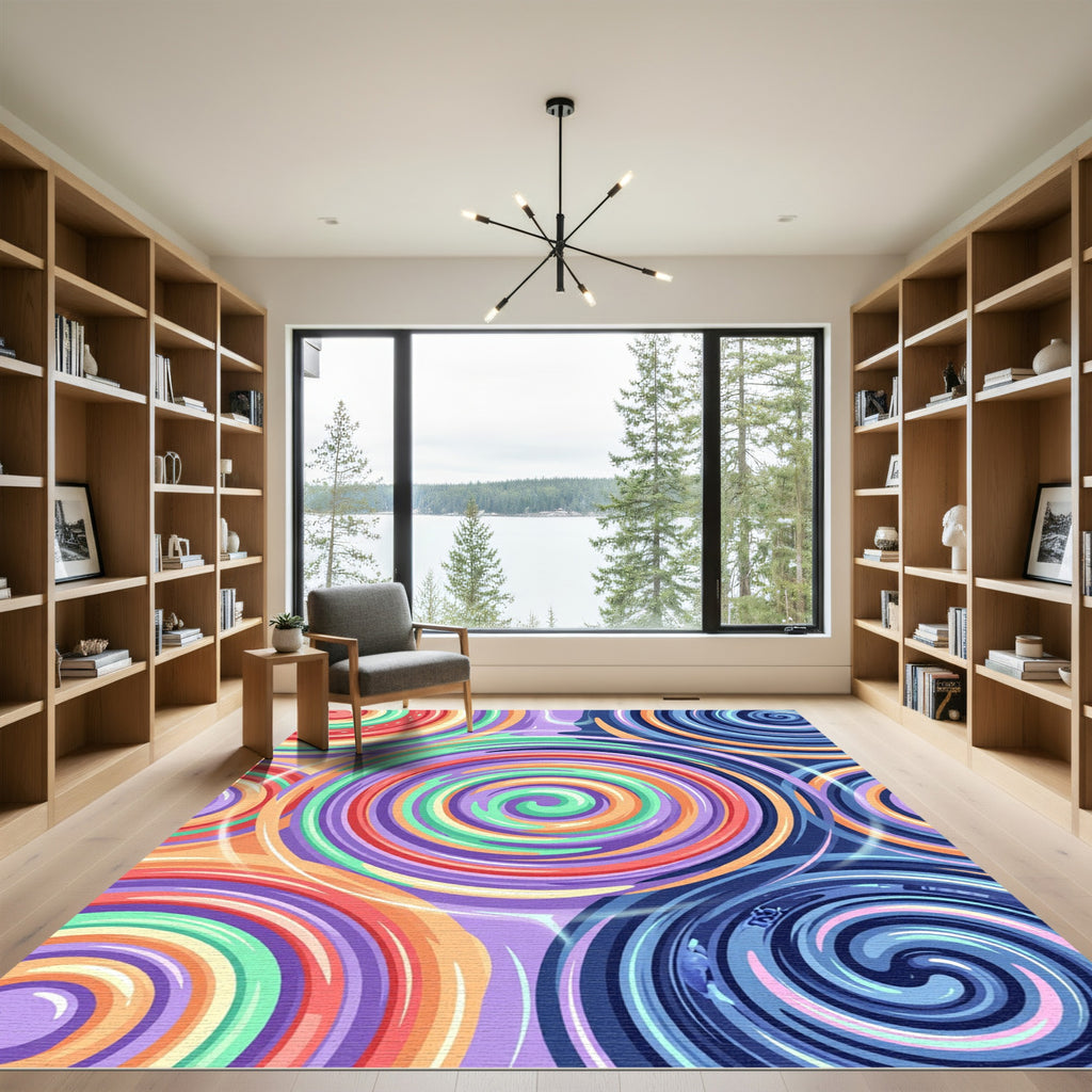 Vibrant Multicolored Swirling Abstract Circular Art Rug