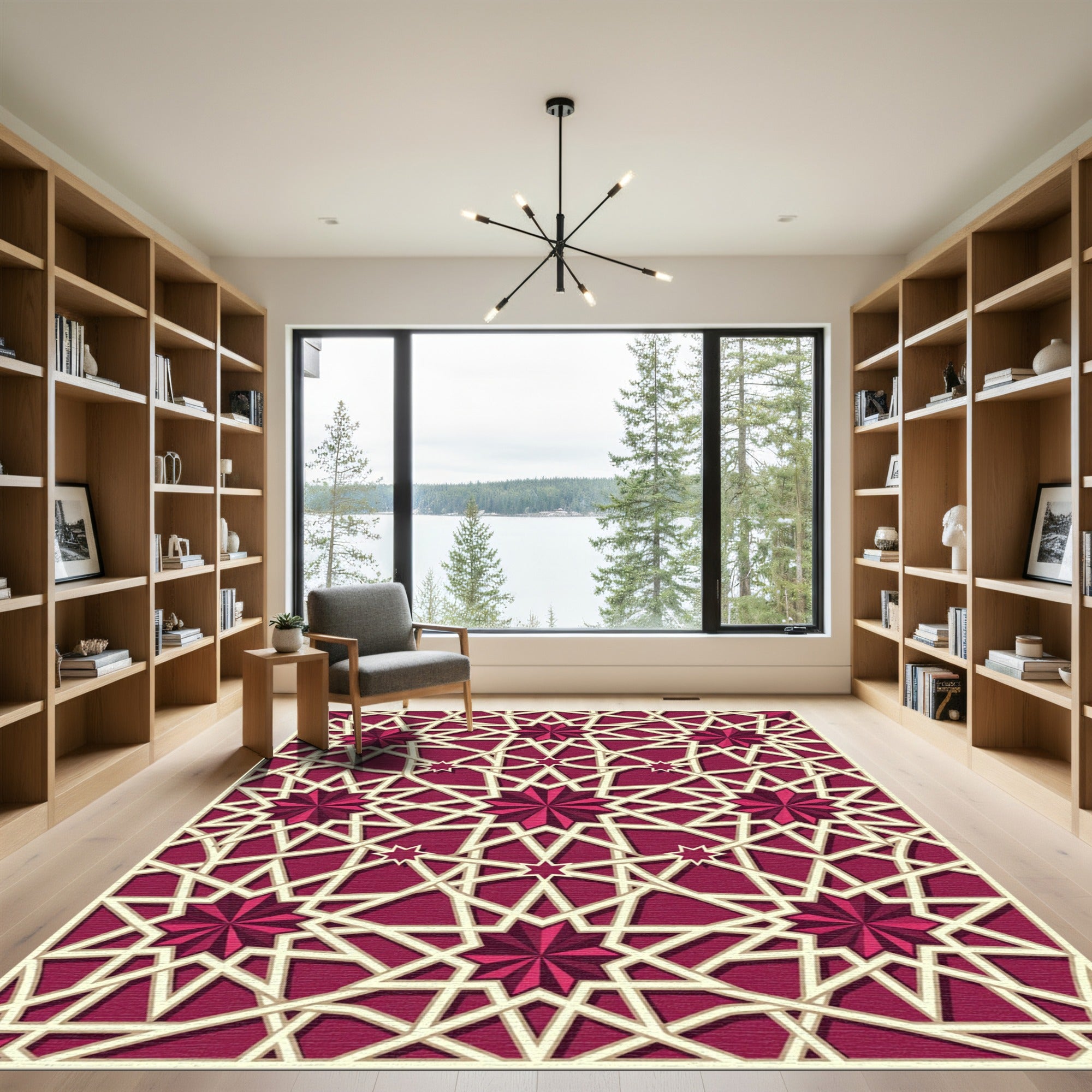 Crimson Geometric Star Interlocking Lattice Rug