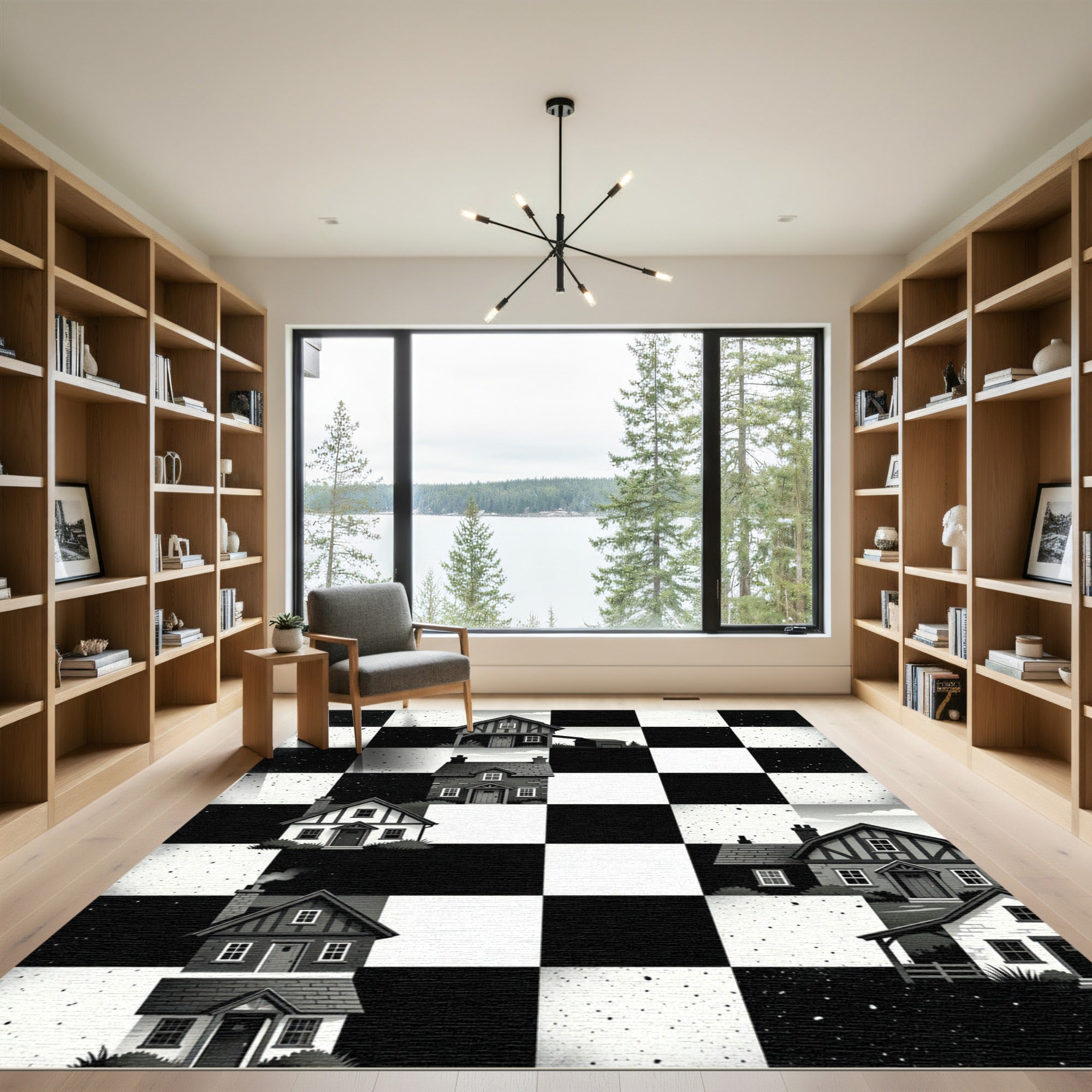 Monochrome Checkered Village Home Art Rug