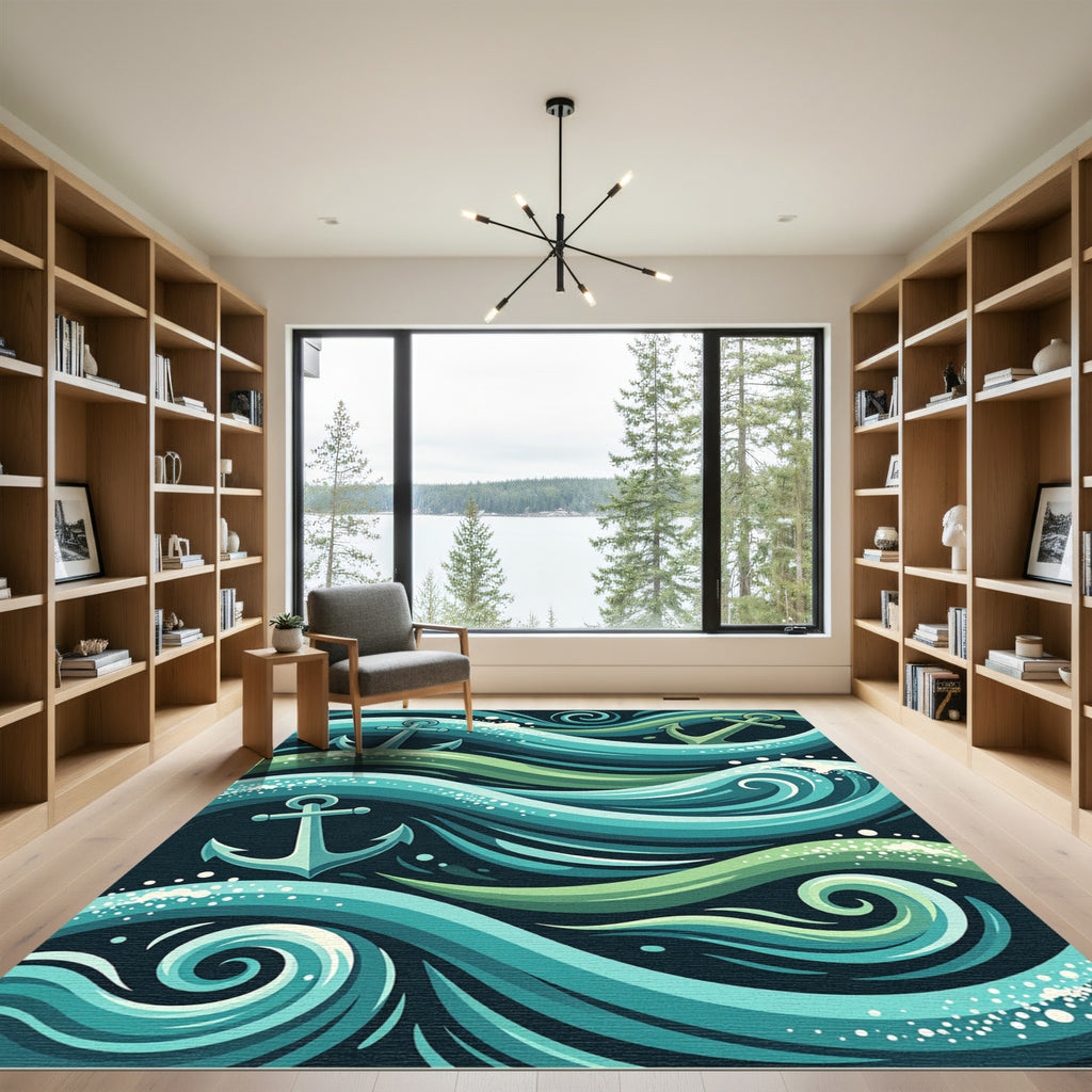 Whimsical Teal Anchor Oceanic Wave Rug