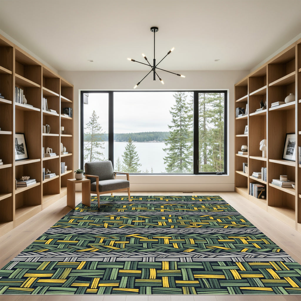 Woven Olive and Gold Linear Grid Rug