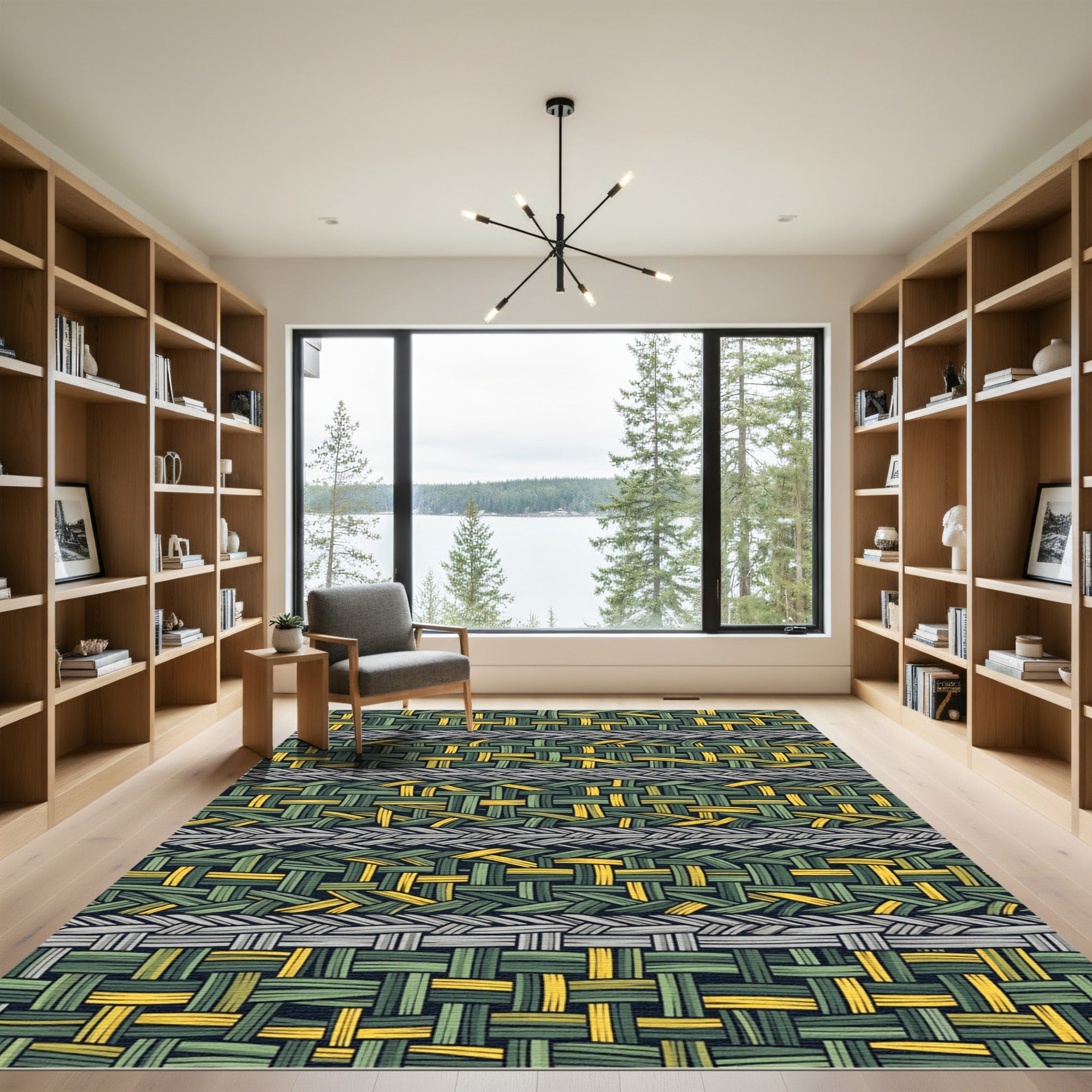 Woven Olive and Gold Linear Grid Rug