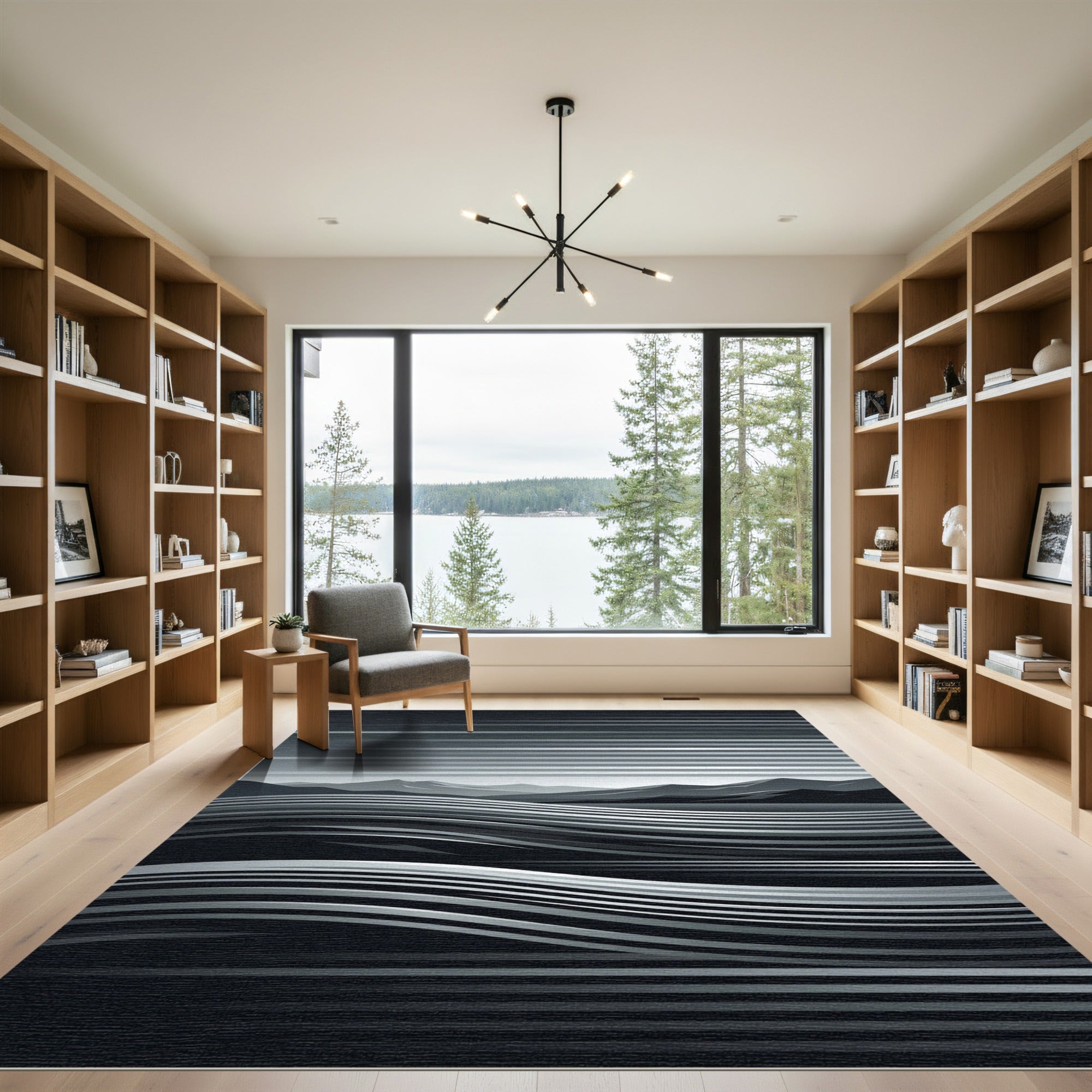 Monochrome Linear Mountain Landscape Waves Rug