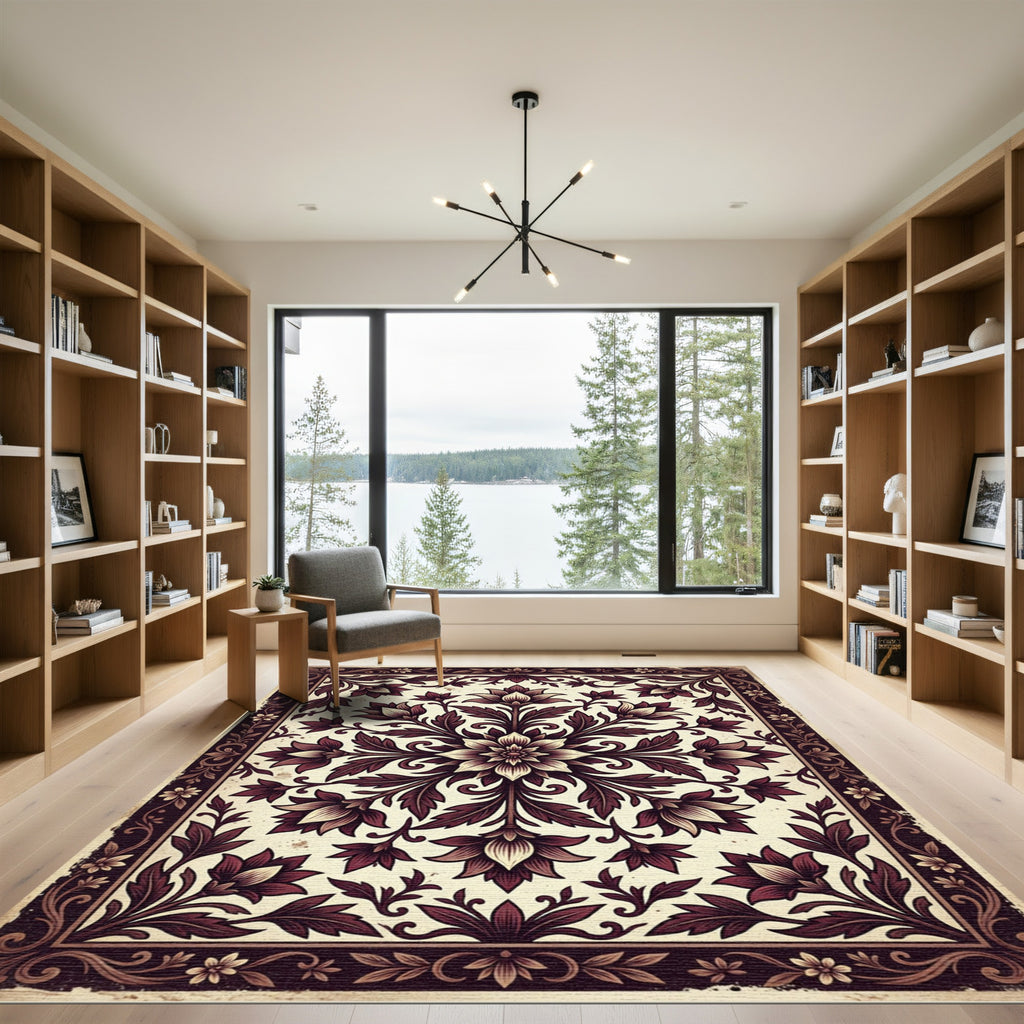 Deep Plum Floral Medallion Border Rug