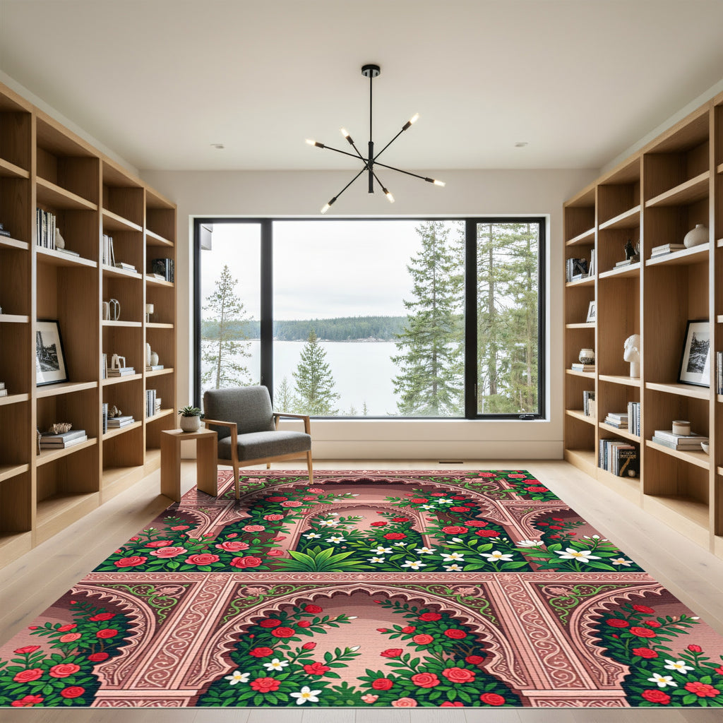 Pink Rose Arch Garden Scene Rug