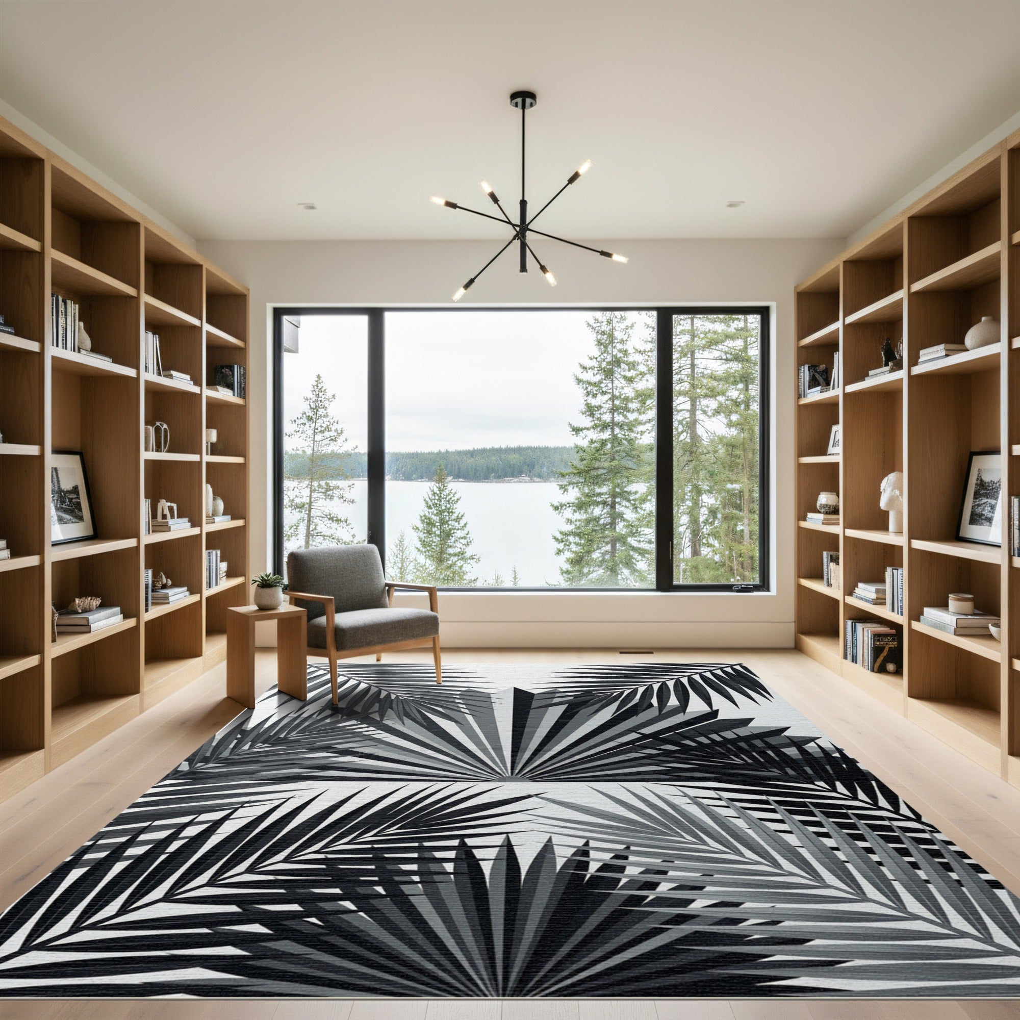 Monochrome Tropical Palm Leaf Art Rug