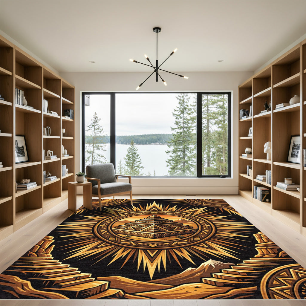 Golden Sun Pyramid Aztec Geometric Rug