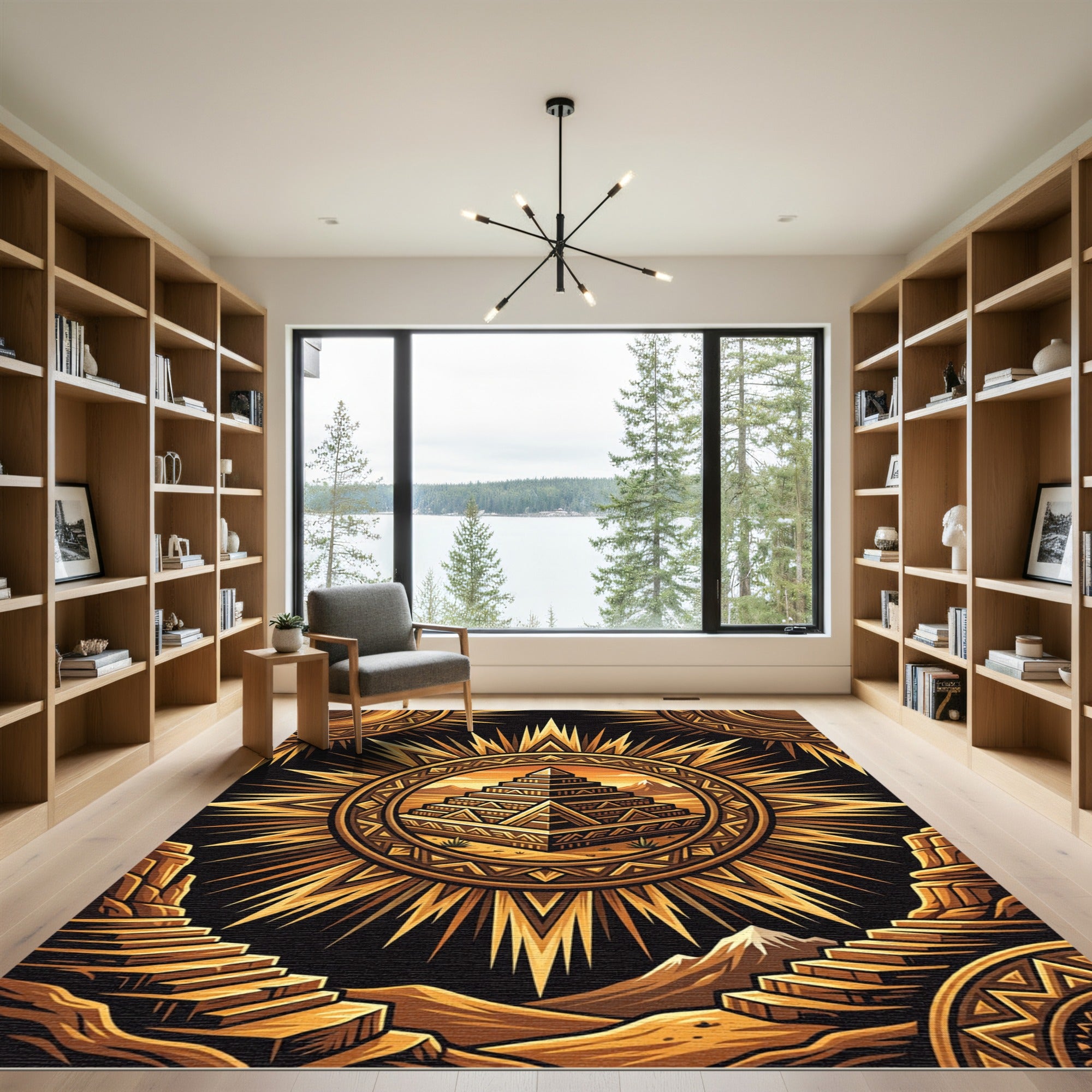 Golden Sun Pyramid Aztec Geometric Rug