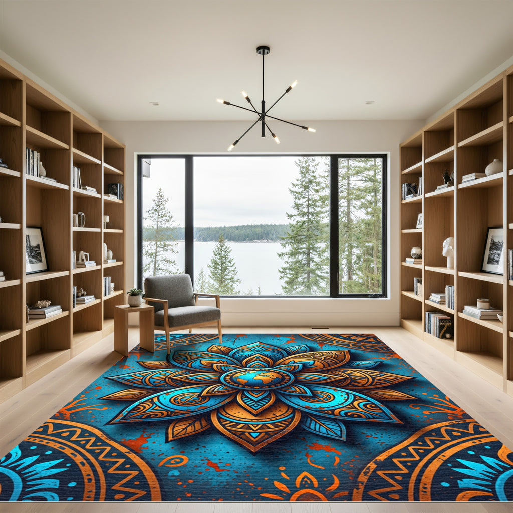 Vibrant Golden Azure Mandala Earth Globe Rug
