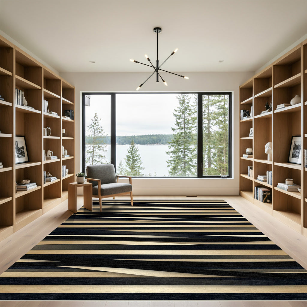 Golden Black Wavy Stripe Layered Rug