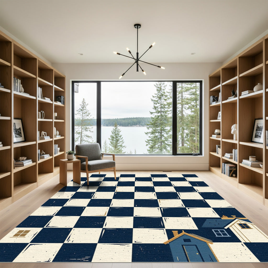 Blue and Cream Whimsical House Checkered Rug