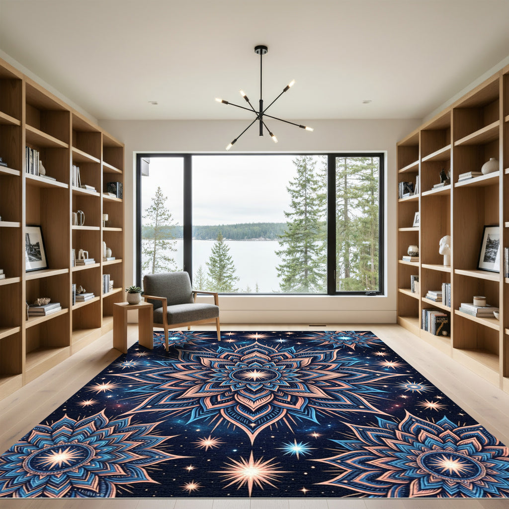 Celestial Blue Pink Flower Constellation Rug