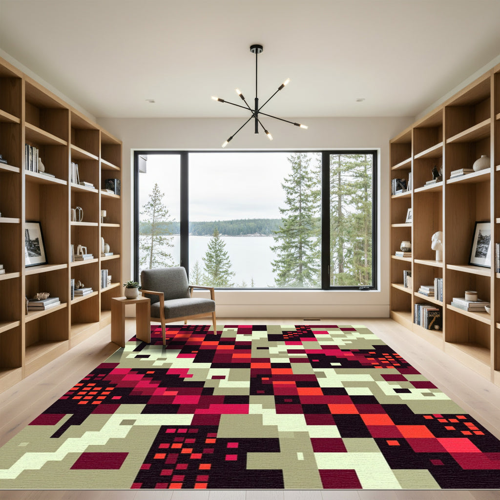 Pixelated Red Crimson Geometric Abstract Rug