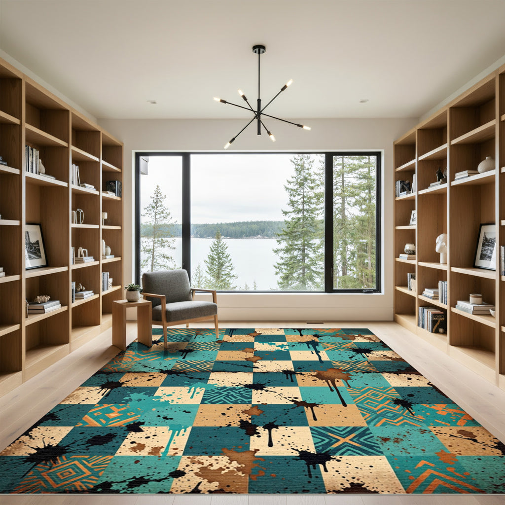 Ink Splattered Teal Geometric Mosaic Rug