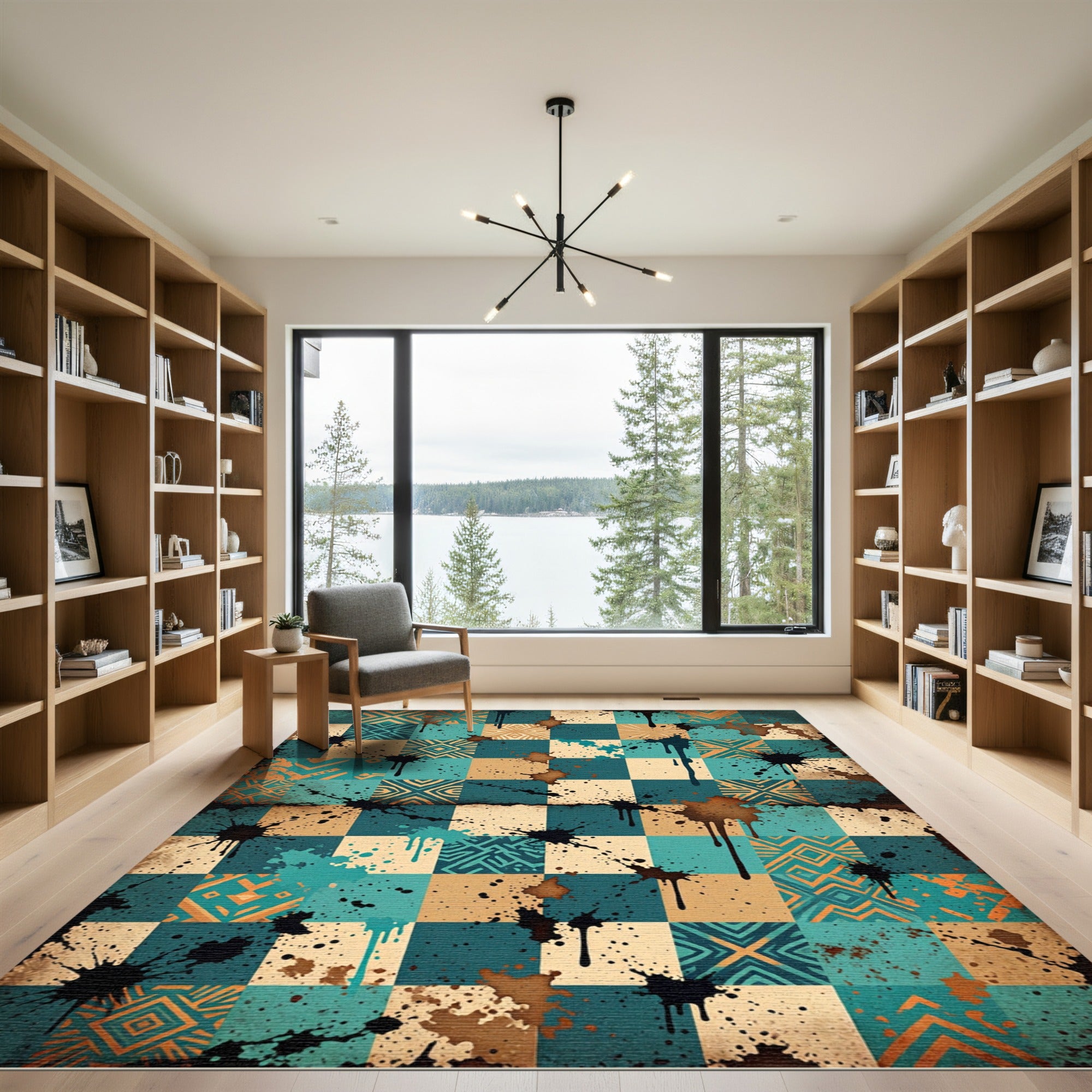 Ink Splattered Teal Geometric Mosaic Rug
