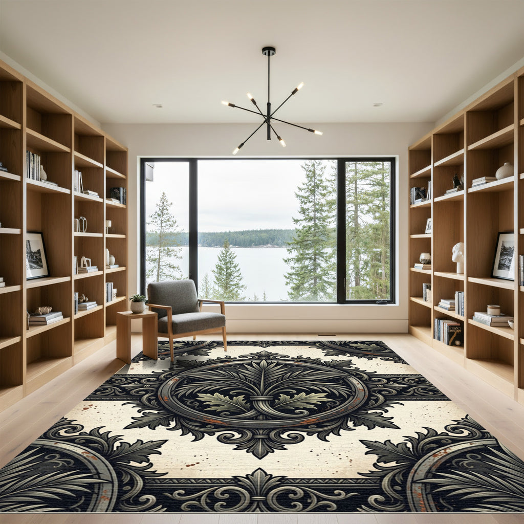 Ornate Charcoal Acanthus Palm Medallion Rug
