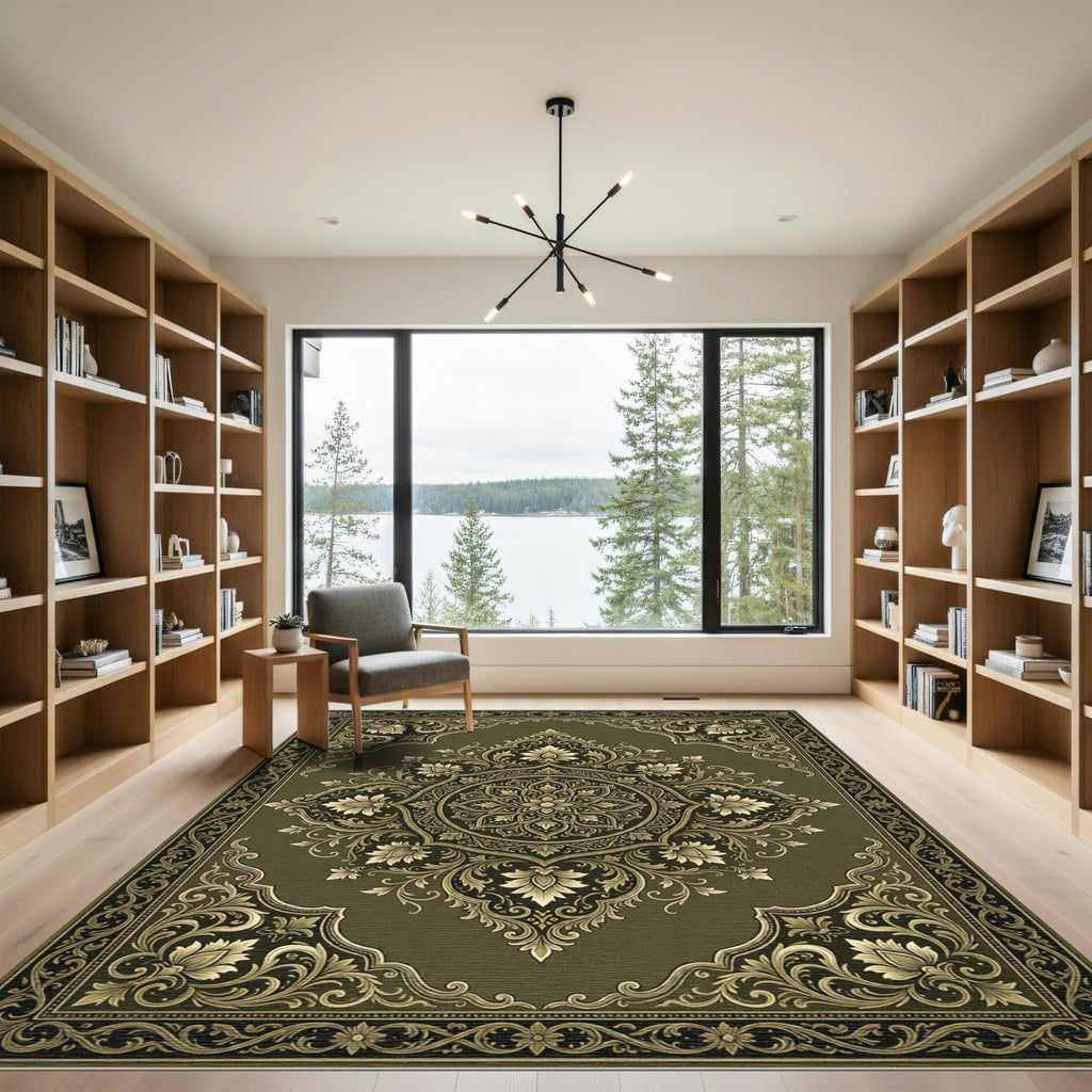 Elegant Olive Gold Ornate Floral Medallion Rug