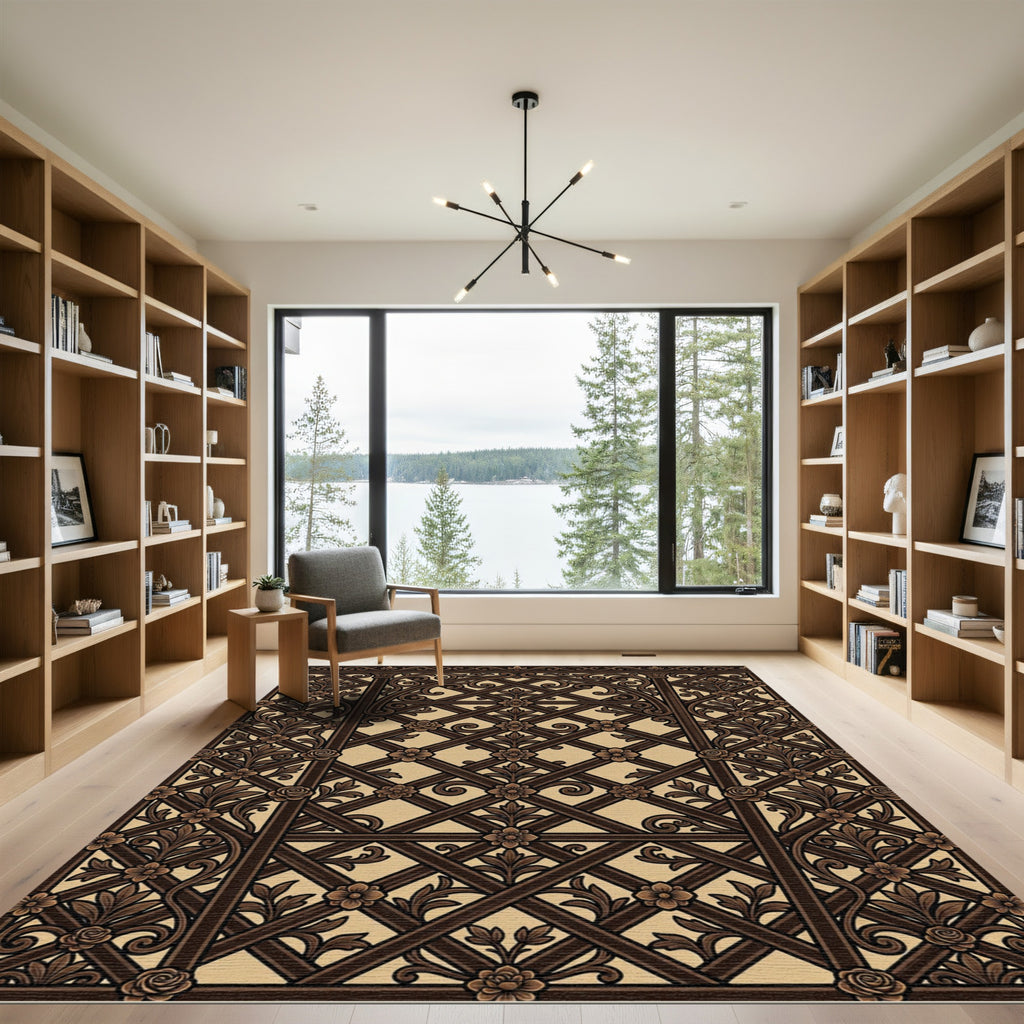 Rich Brown Floral Lattice Accents Rug
