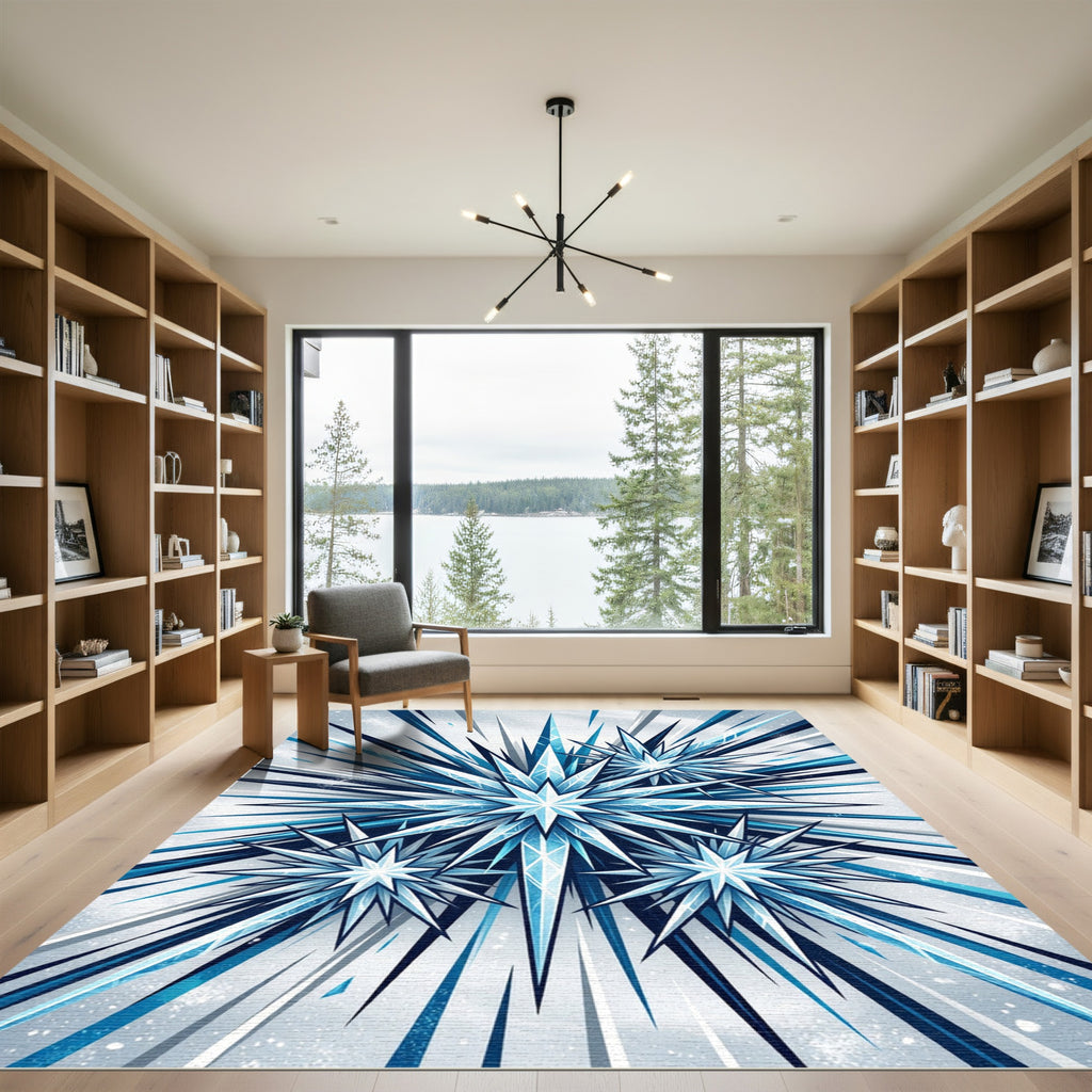 Frozen Stellar Blue Geometric Crystal Burst Rug