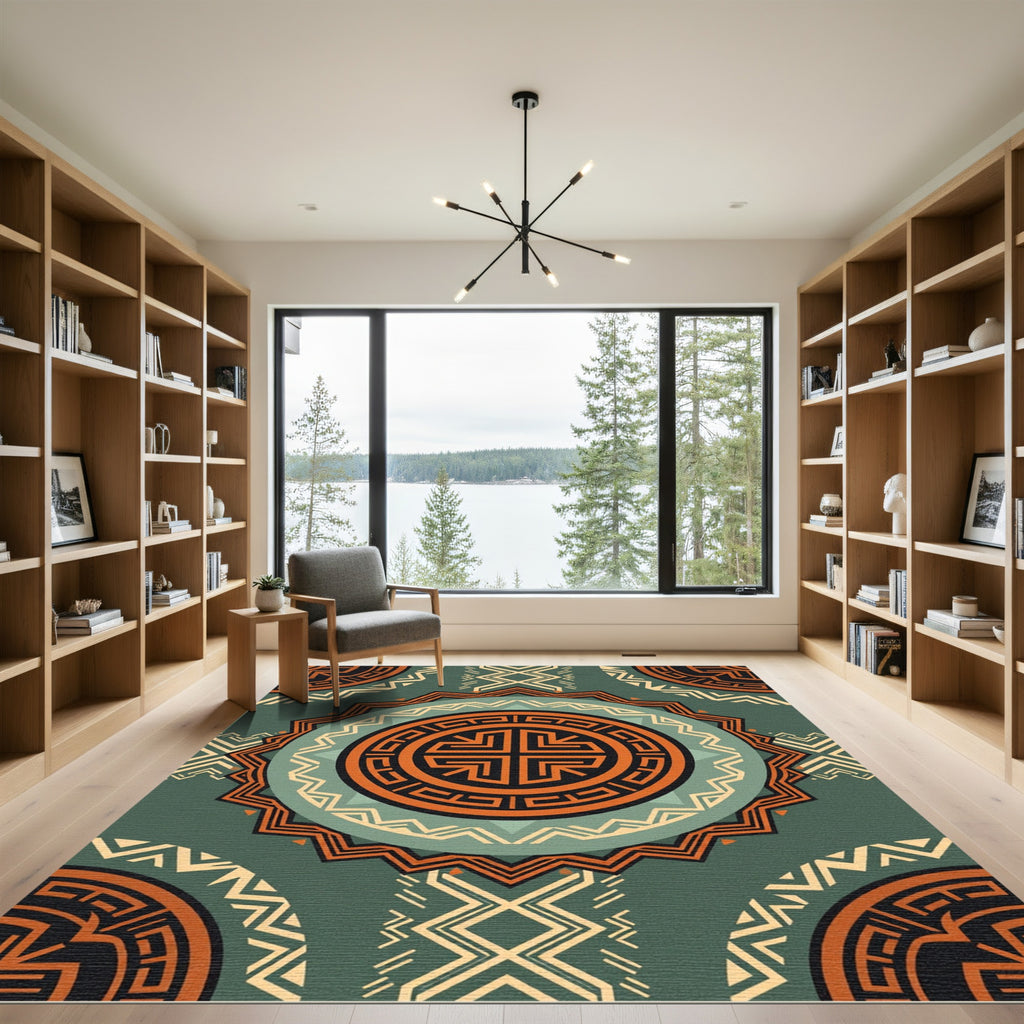 Terracotta Teal Geometric Tribal Medallion Rug