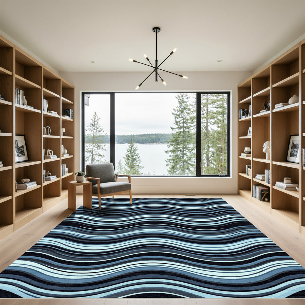 Deep Blue Abstract Wavy Stripes Rug