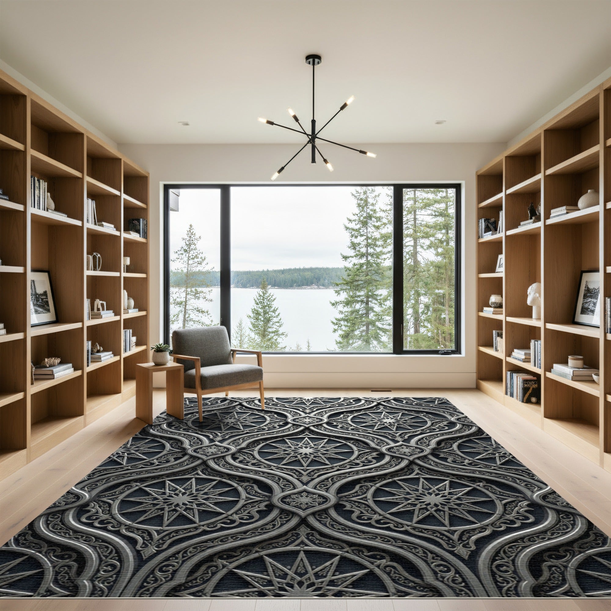 Ornate Silver Compass Star Medallion Rug