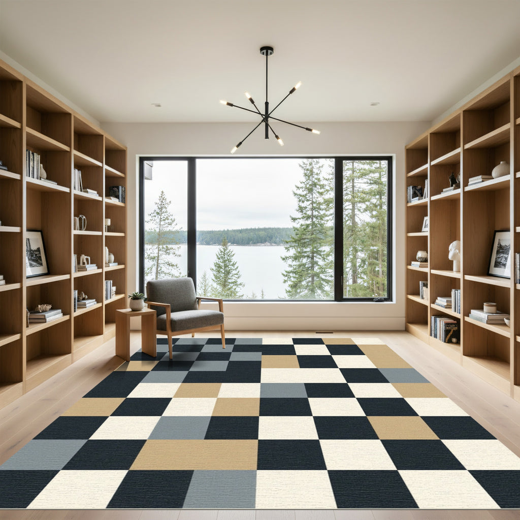 Chic Beige Black Gray Checkerboard Rug