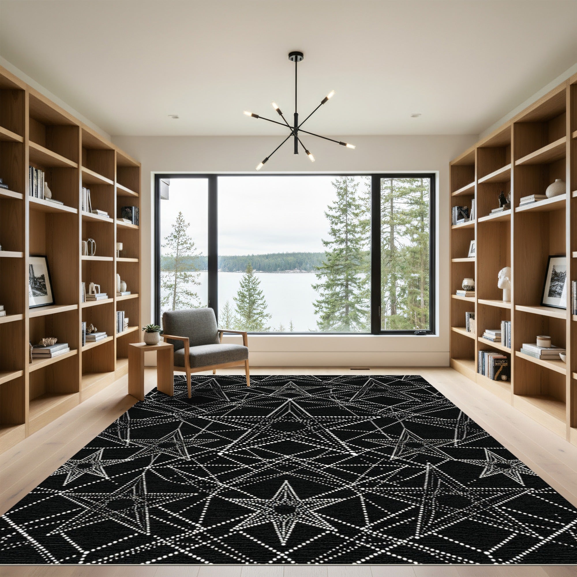 Black White Geometric Star Dotted Rug