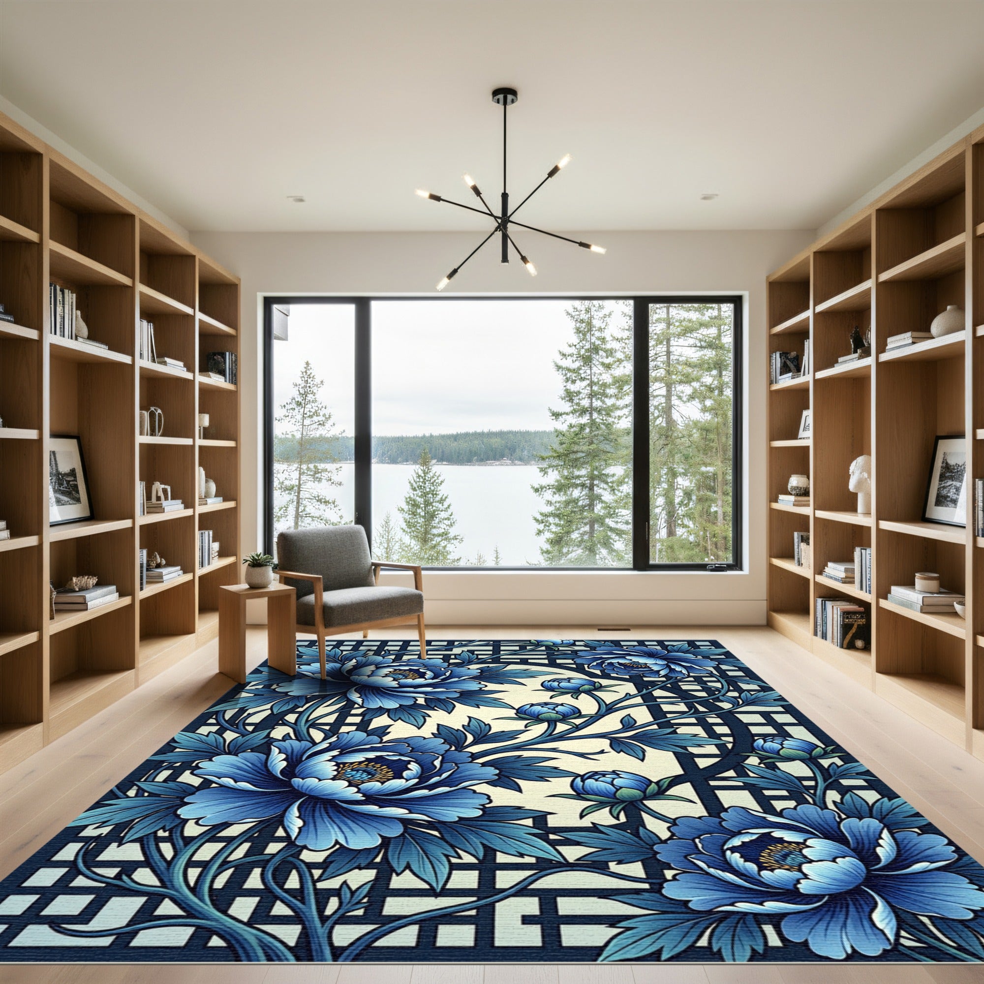 Vibrant Blue Floral Lattice Composition Rug